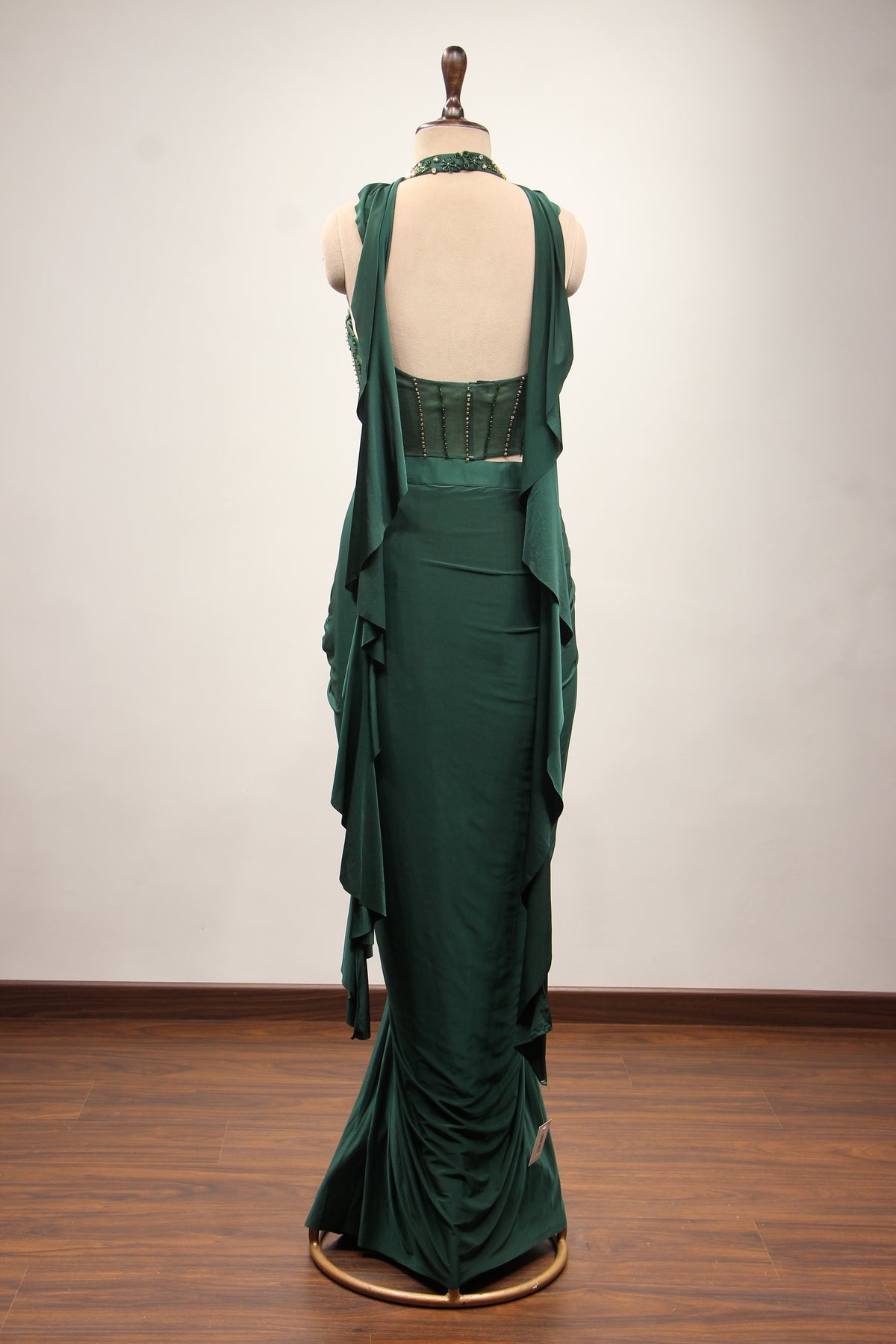 Bottle Green Imported Hand-Embroidered Indo Western, Cut Dana Handwork – back view