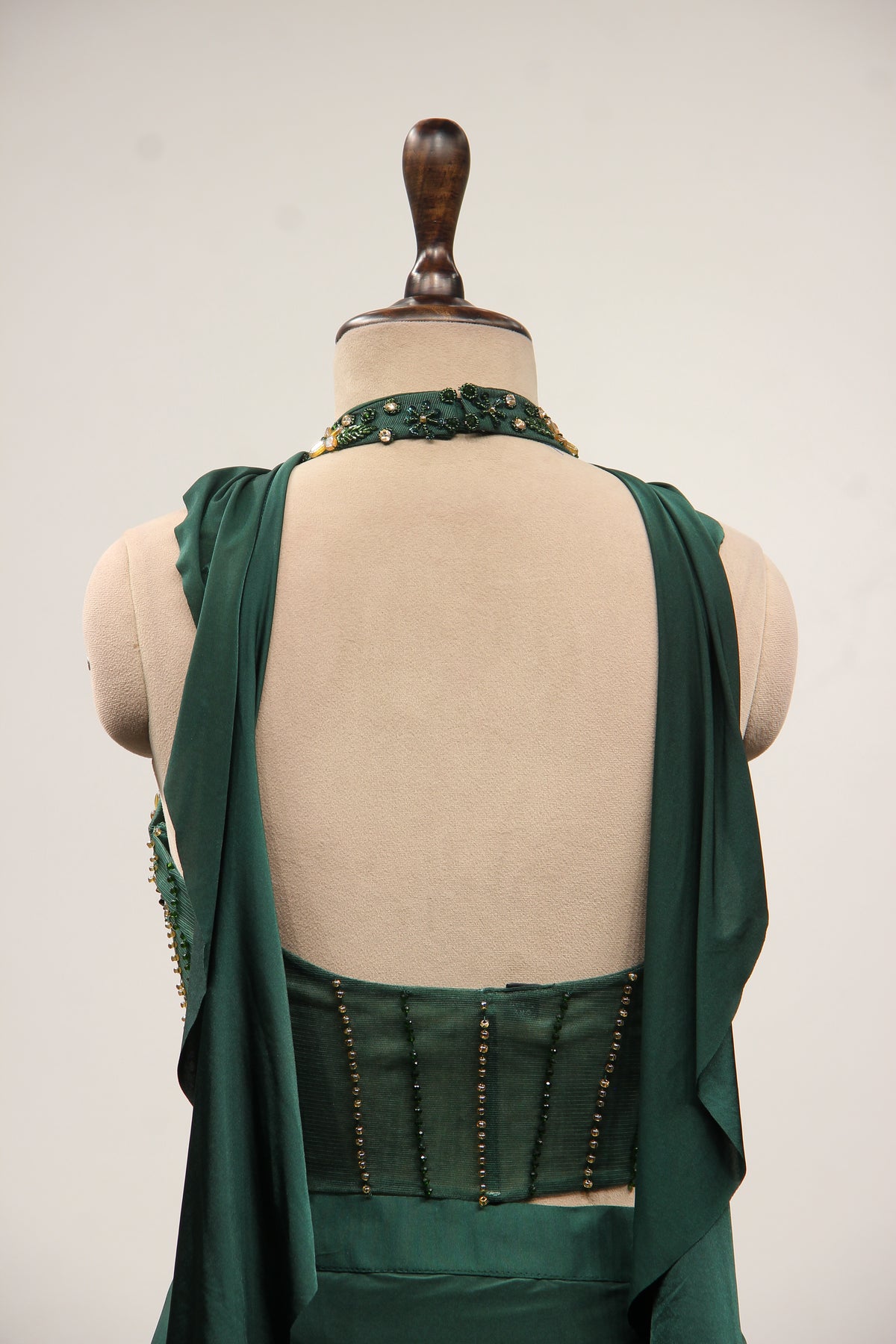 Bottle Green Imported Hand-Embroidered Indo Western, Cut Dana Handwork – back close-up