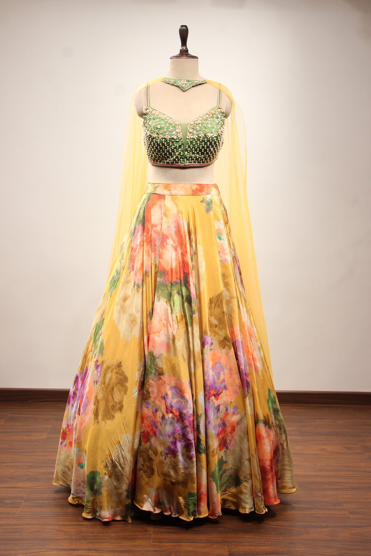 Multicolor Floral Crepe Lehenga with Printed & Bead Handwork Crop Top – front view