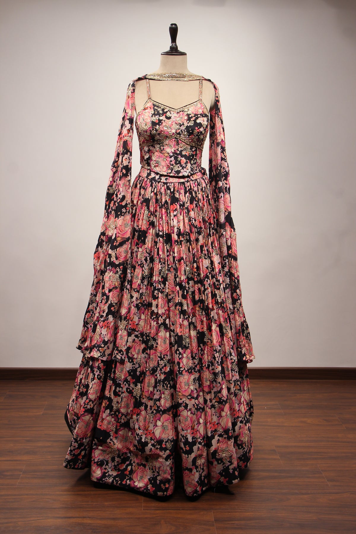 Black Crepe Lehenga with Floral Print & Hand Embroidery Corset