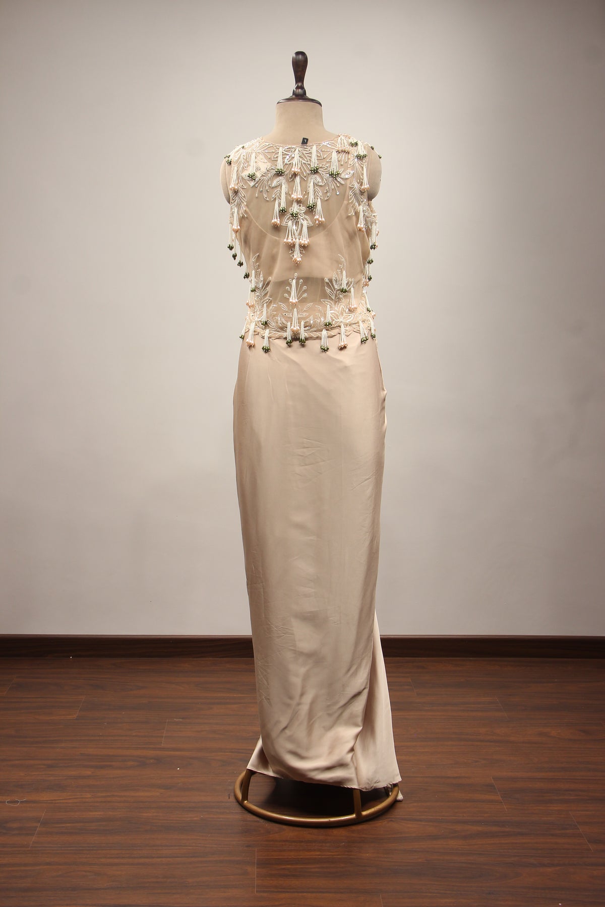 Satin Indo Western Cowl Skirt with Cut Dana Handwork & Tassel Jacket in Beige – back view