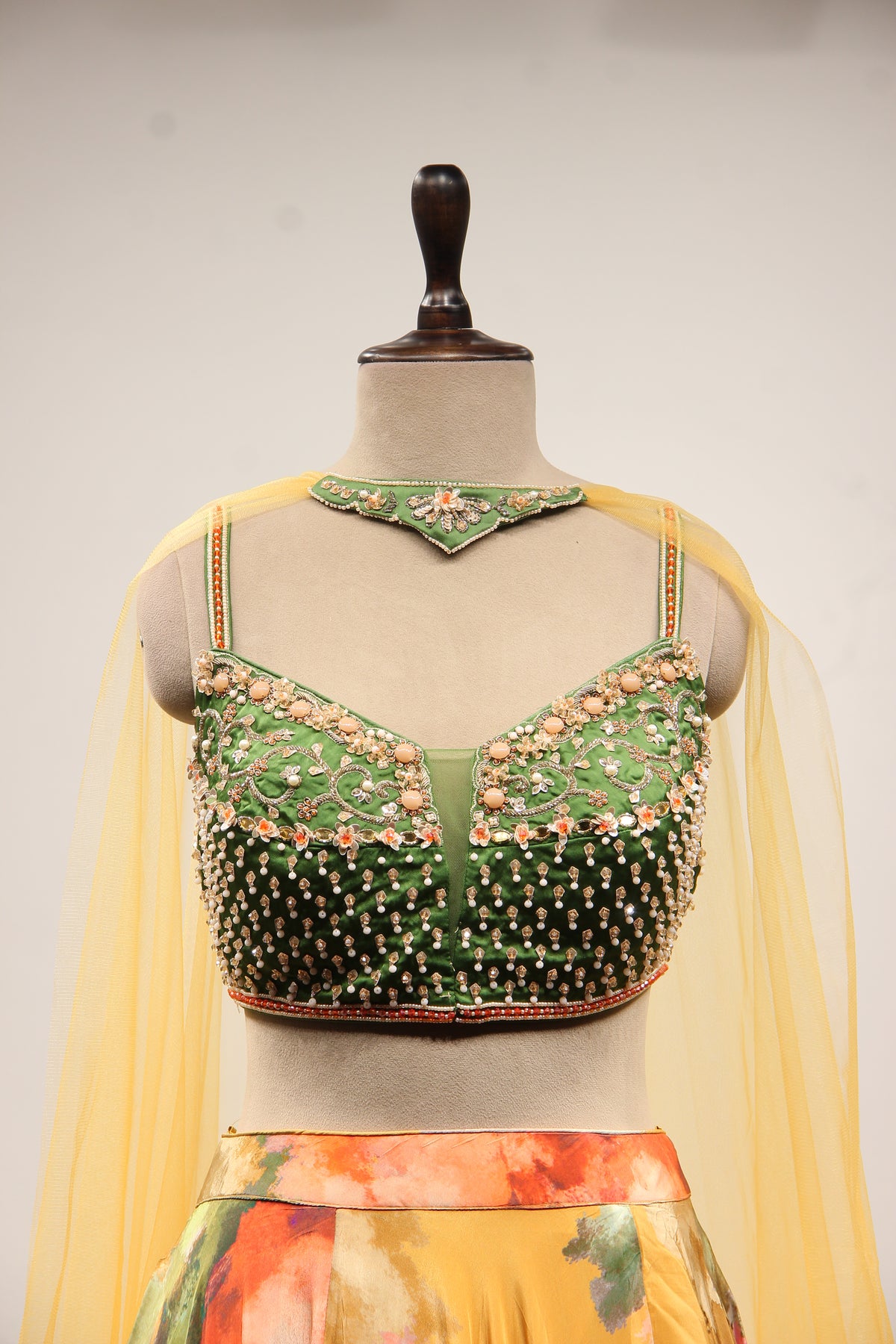 Multicolor Floral Crepe Lehenga with Printed & Bead Handwork Crop Top – front close-up