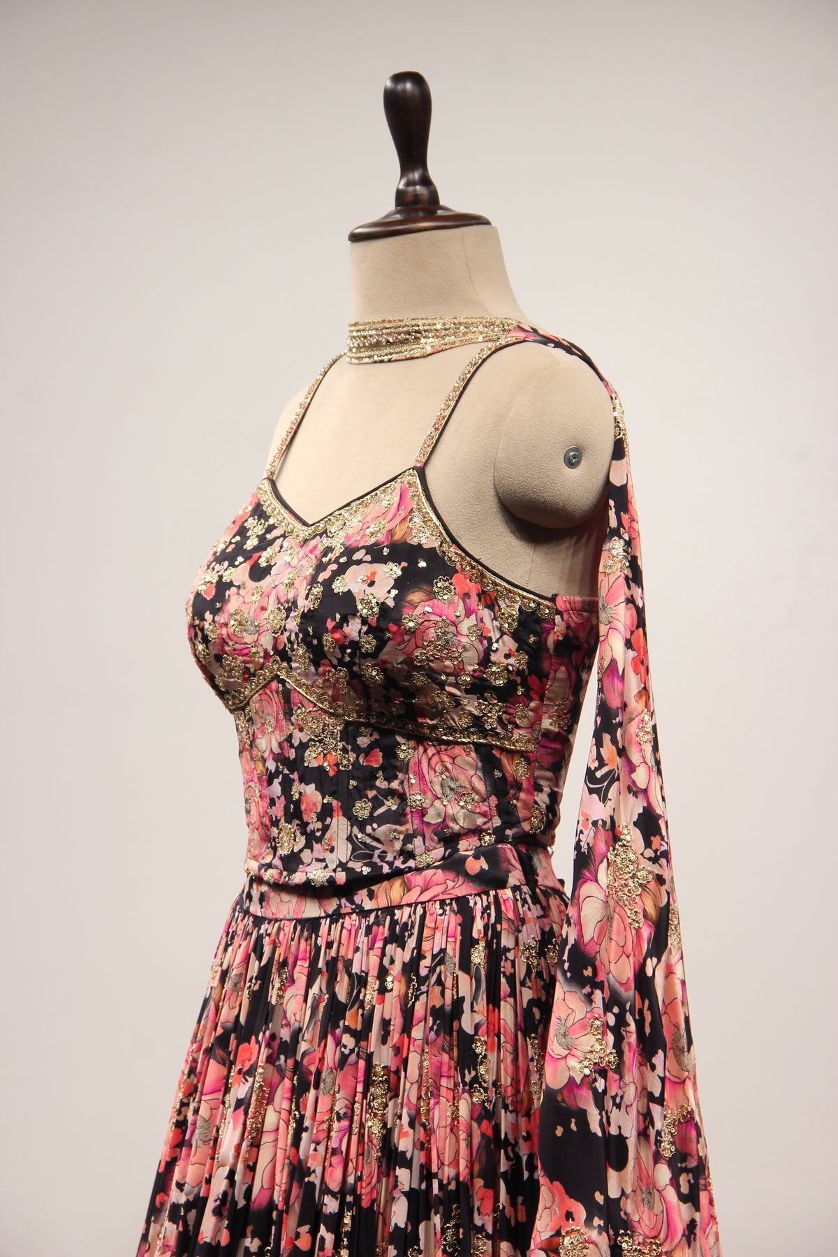 Black Crepe Lehenga with Floral Print & Hand Embroidery Corset
