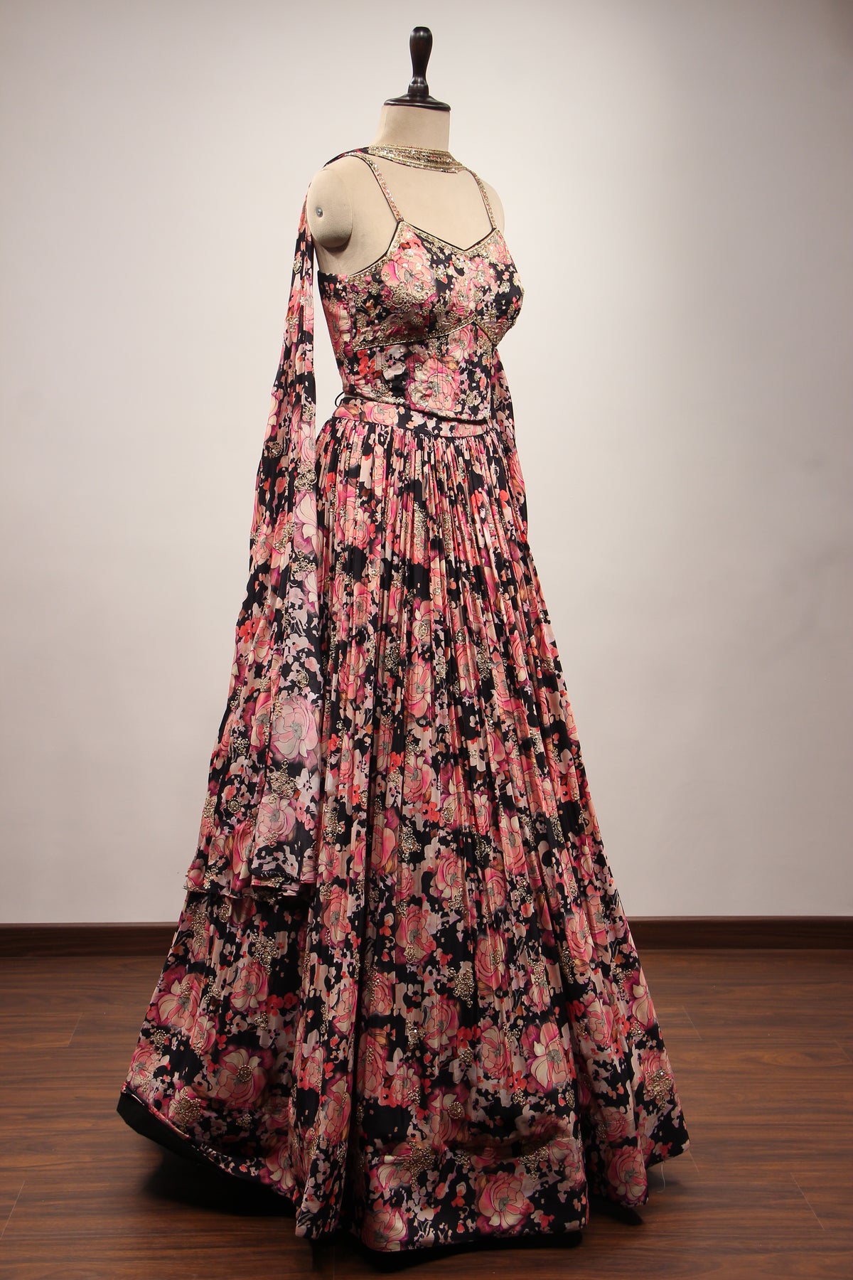 Black Crepe Lehenga with Floral Print & Hand Embroidery Corset