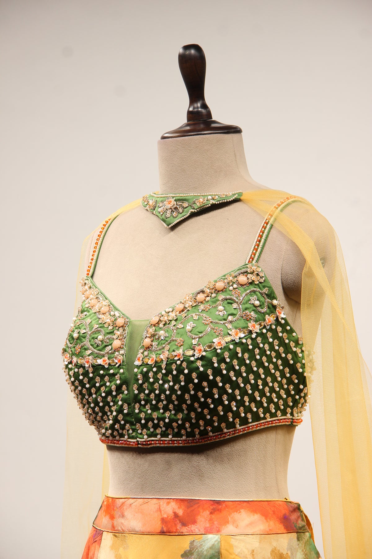 Multicolor Floral Crepe Lehenga with Printed & Bead Handwork Crop Top – side close-up