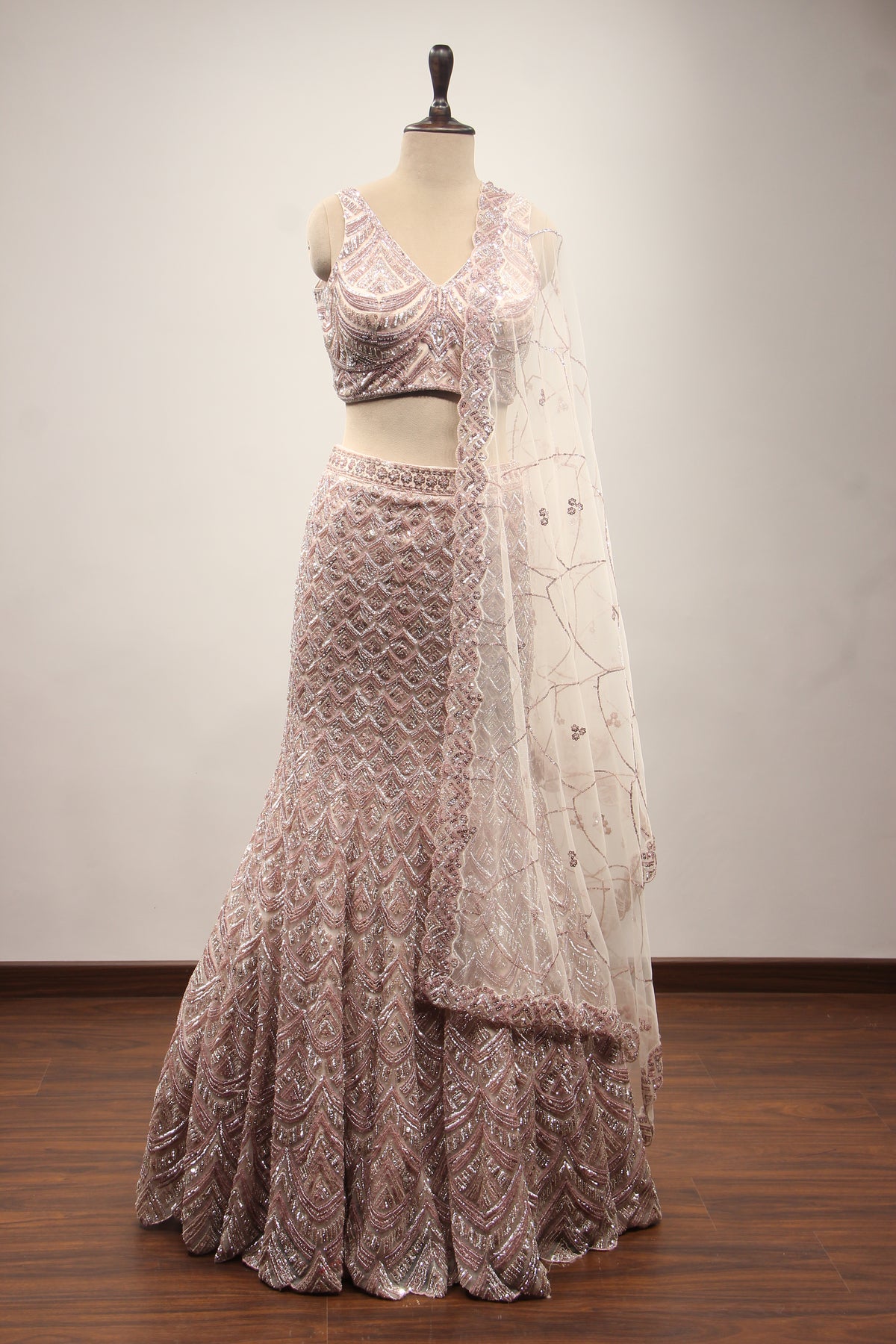 Baby Pink Net Mermaid Lehenga with Cut Dana & Sequin Handwork – front view