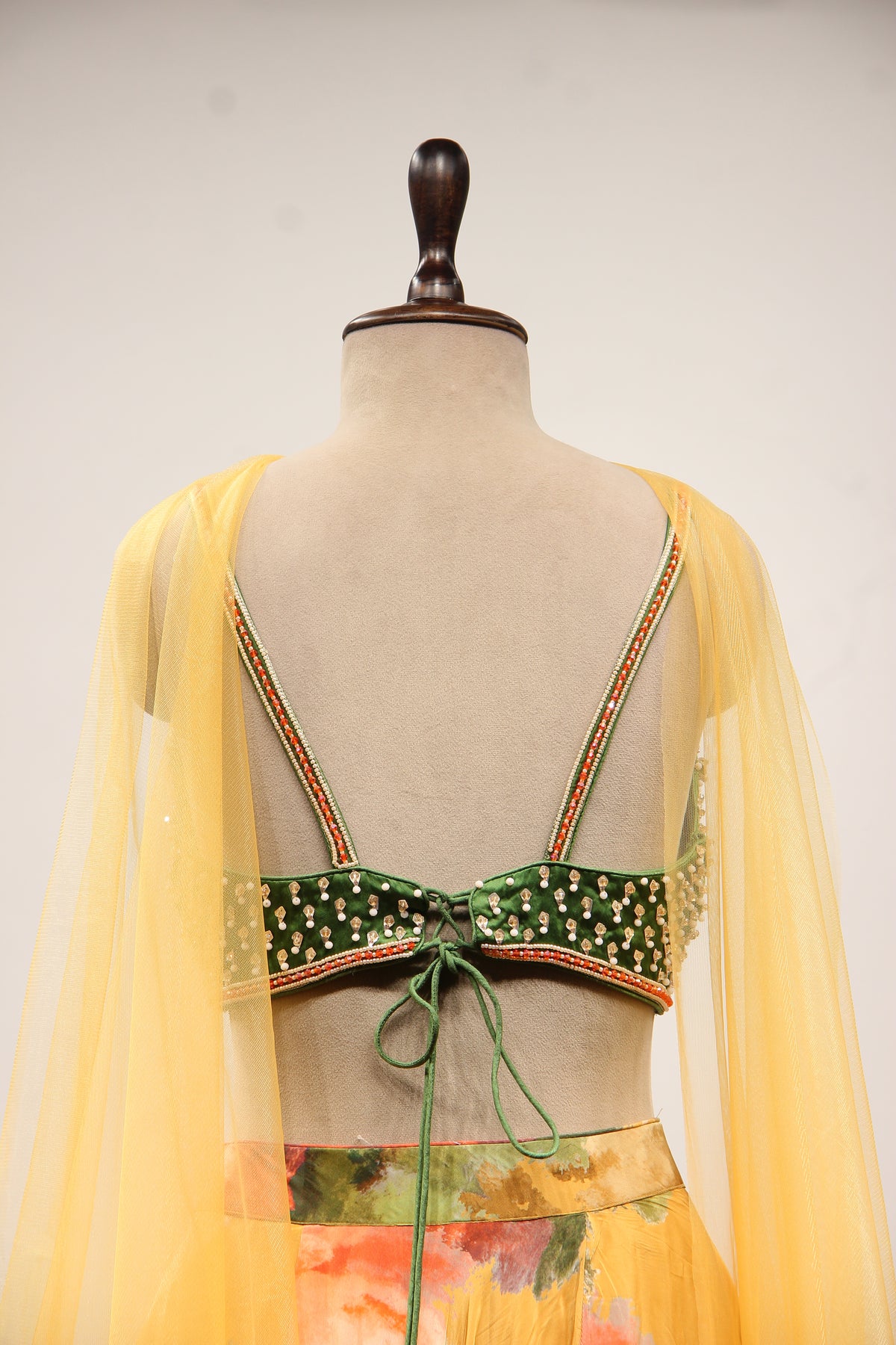 Multicolor Floral Crepe Lehenga with Printed & Bead Handwork Crop Top – back close-up