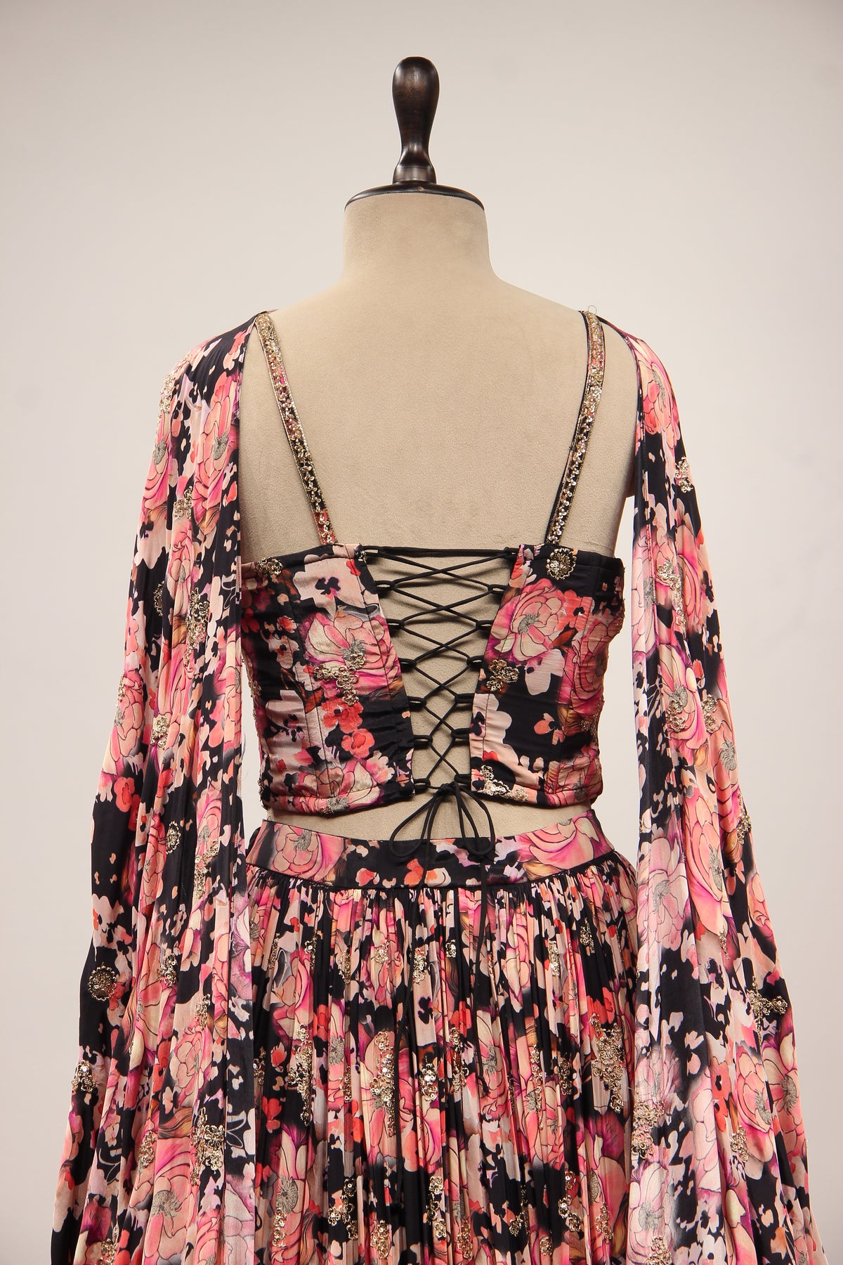 Black Crepe Lehenga with Floral Print & Hand Embroidery Corset