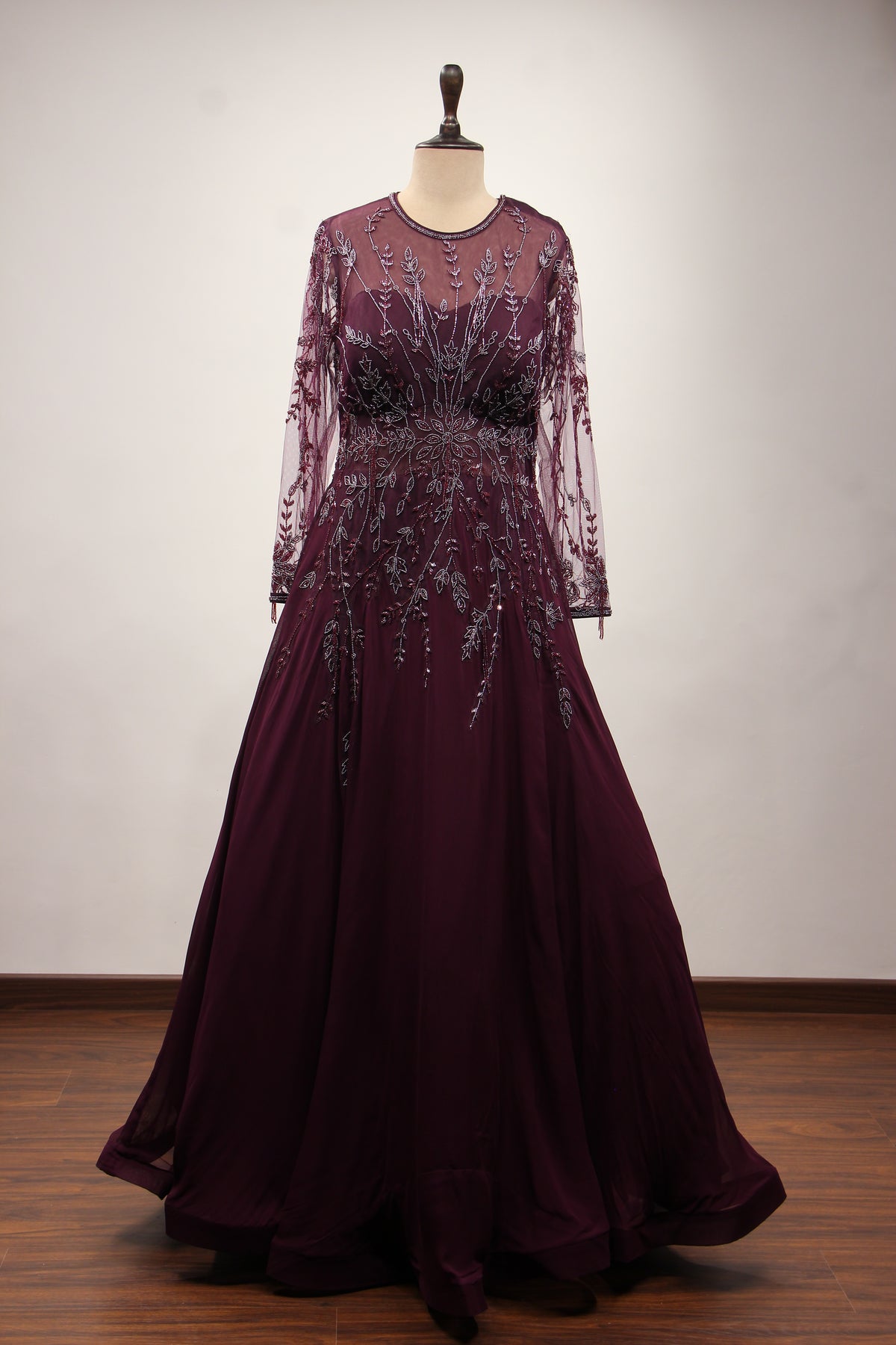 Wine Georgette Floor Length Gown with Cut Dana & Bead Handwork – front view