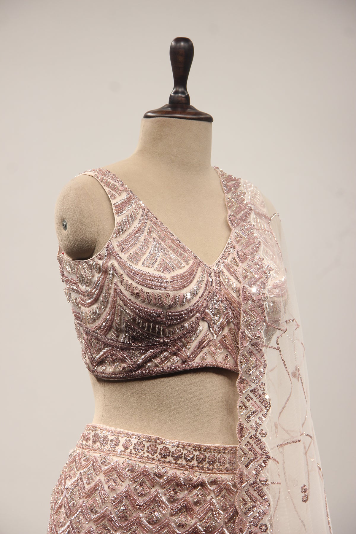 Baby Pink Net Mermaid Lehenga with Cut Dana & Sequin Handwork – other side close-up