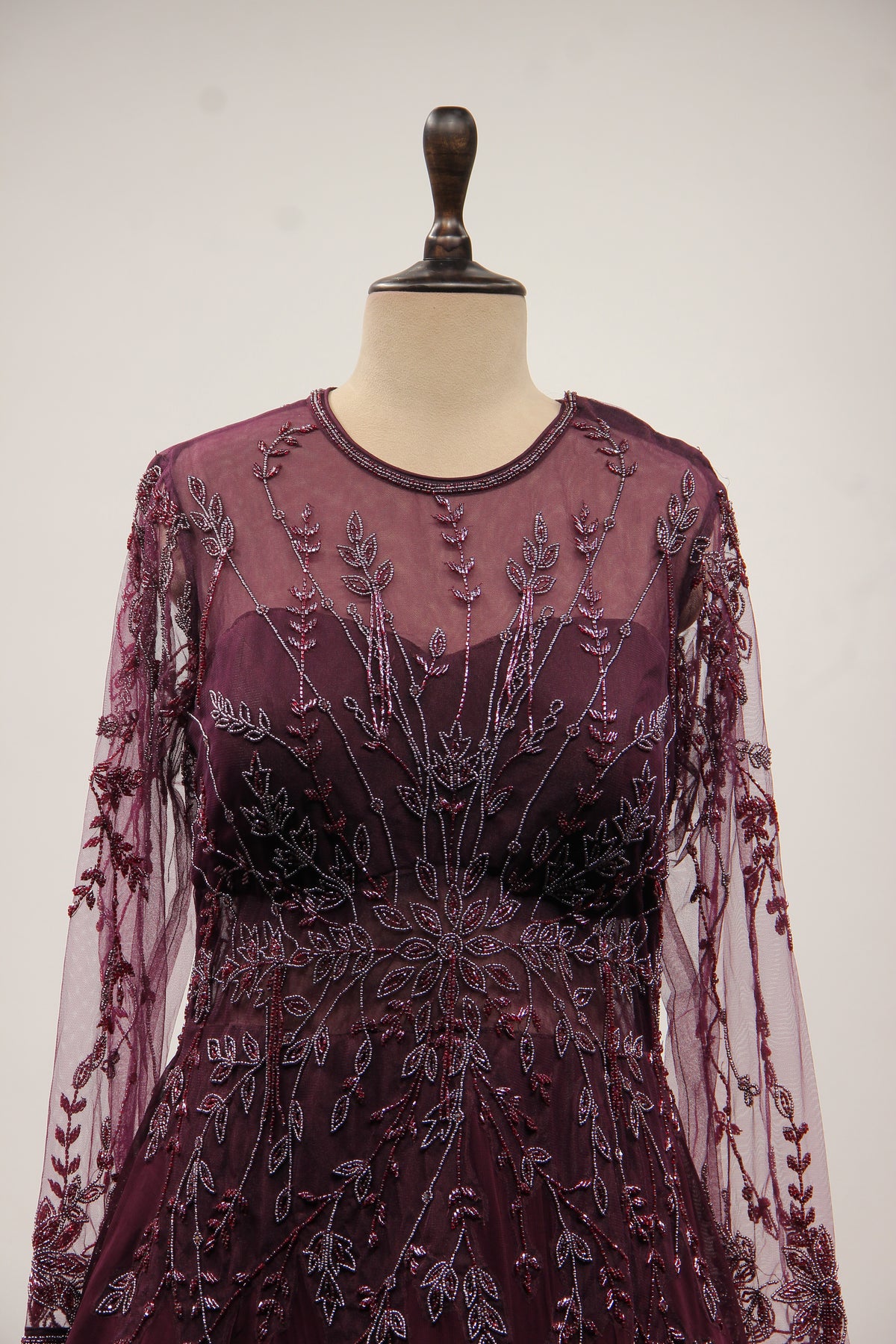 Wine Georgette Floor Length Gown with Cut Dana & Bead Handwork – front close-up