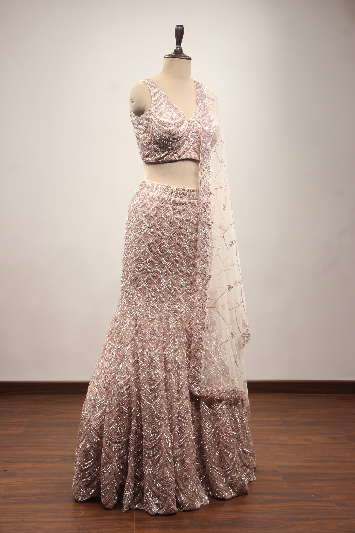 Baby Pink Net Mermaid Lehenga with Cut Dana & Sequin Handwork – other side view