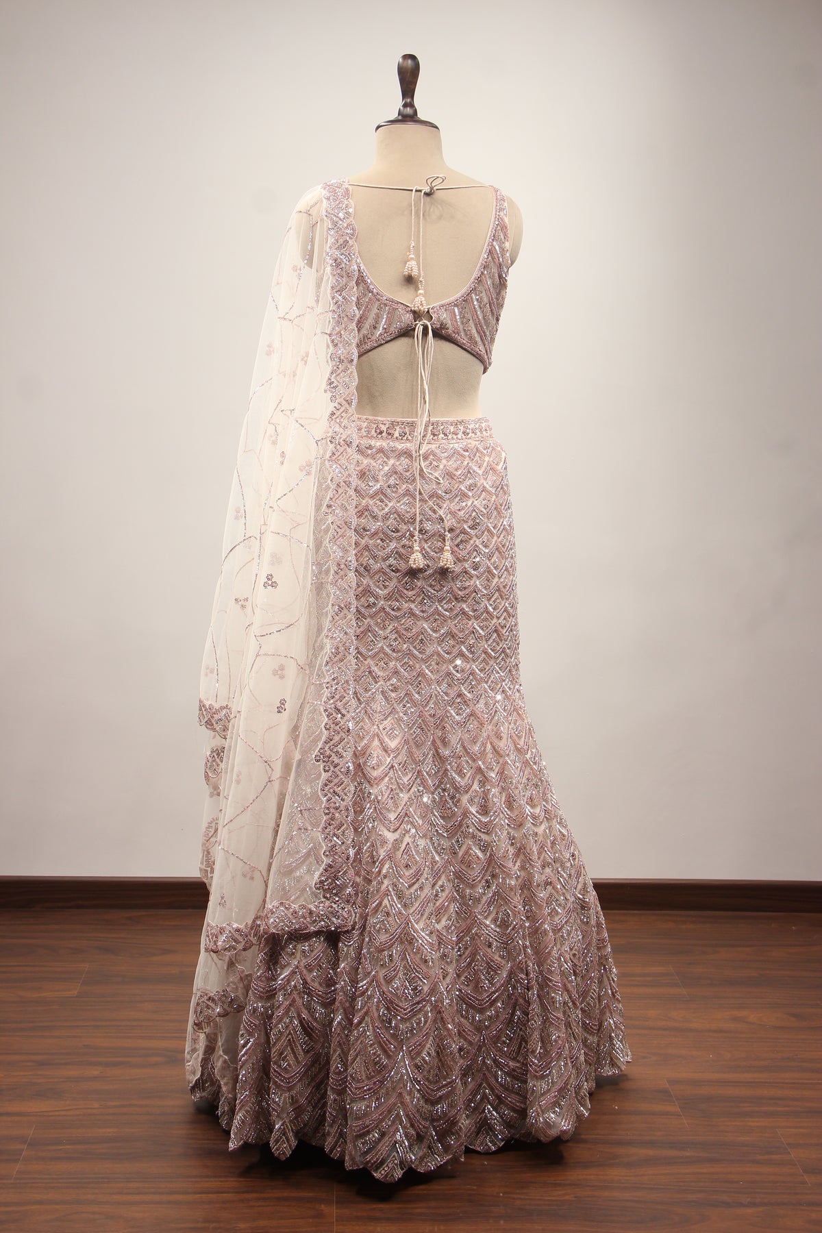 Baby Pink Net Mermaid Lehenga with Cut Dana & Sequin Handwork – back view