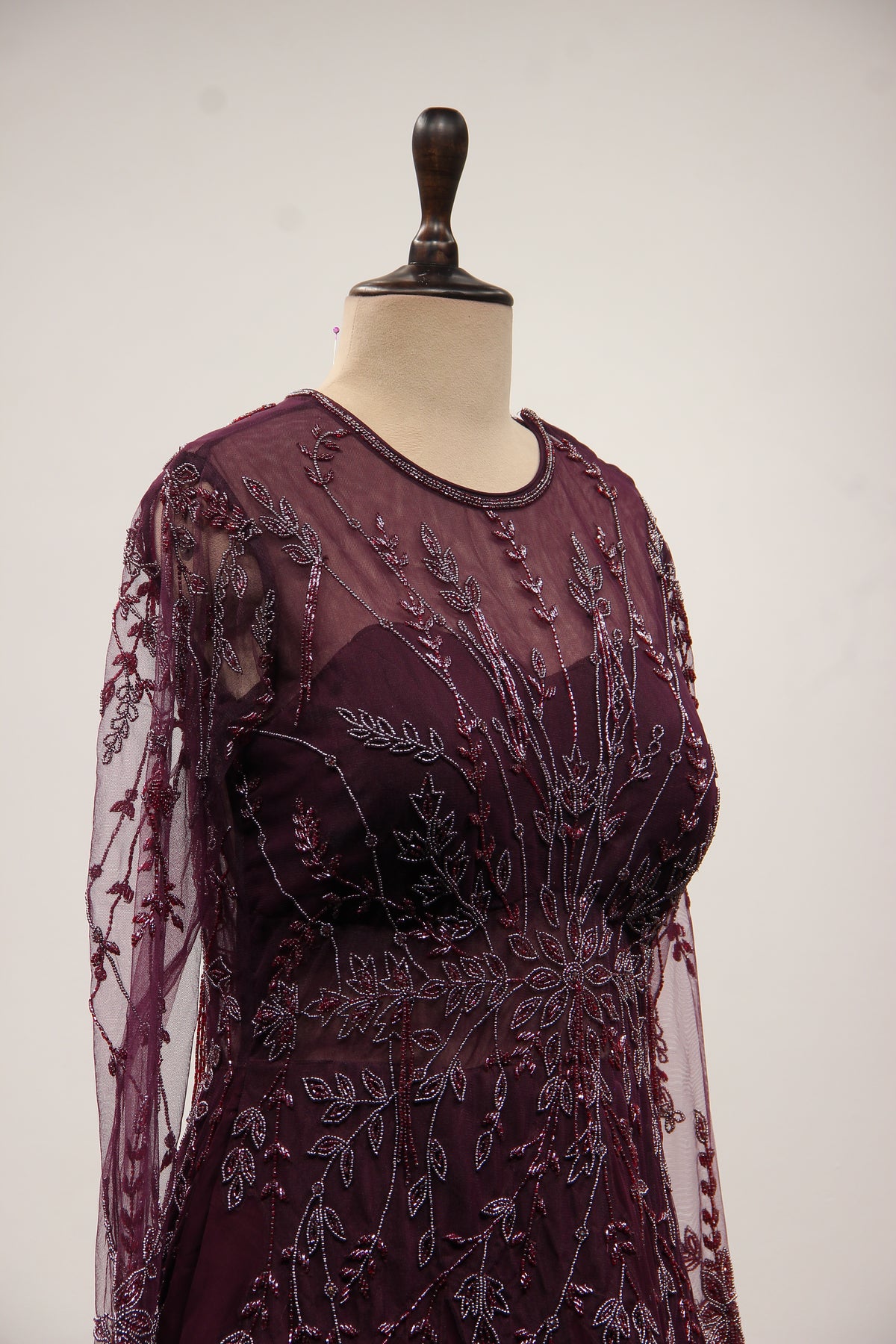 Wine Georgette Floor Length Gown with Cut Dana & Bead Handwork – side close-up