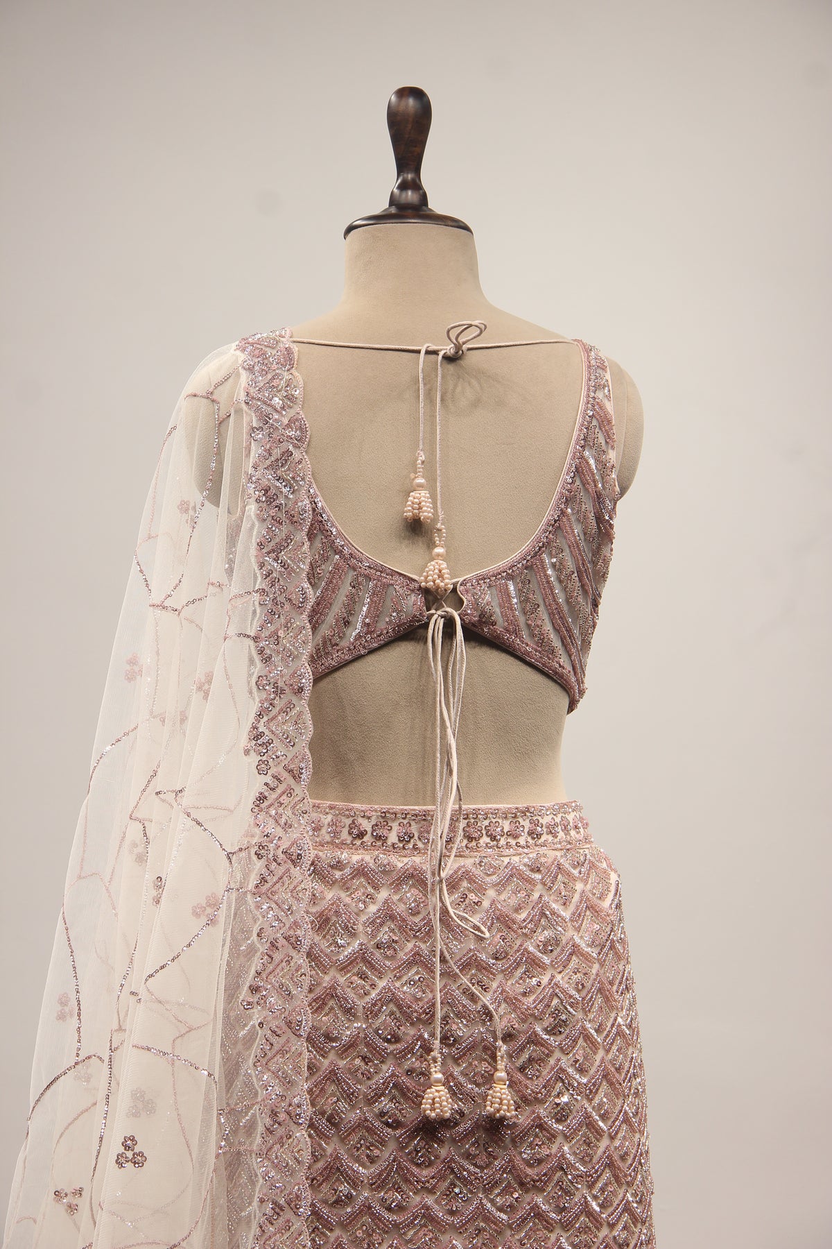 Baby Pink Net Mermaid Lehenga with Cut Dana & Sequin Handwork – back close-up
