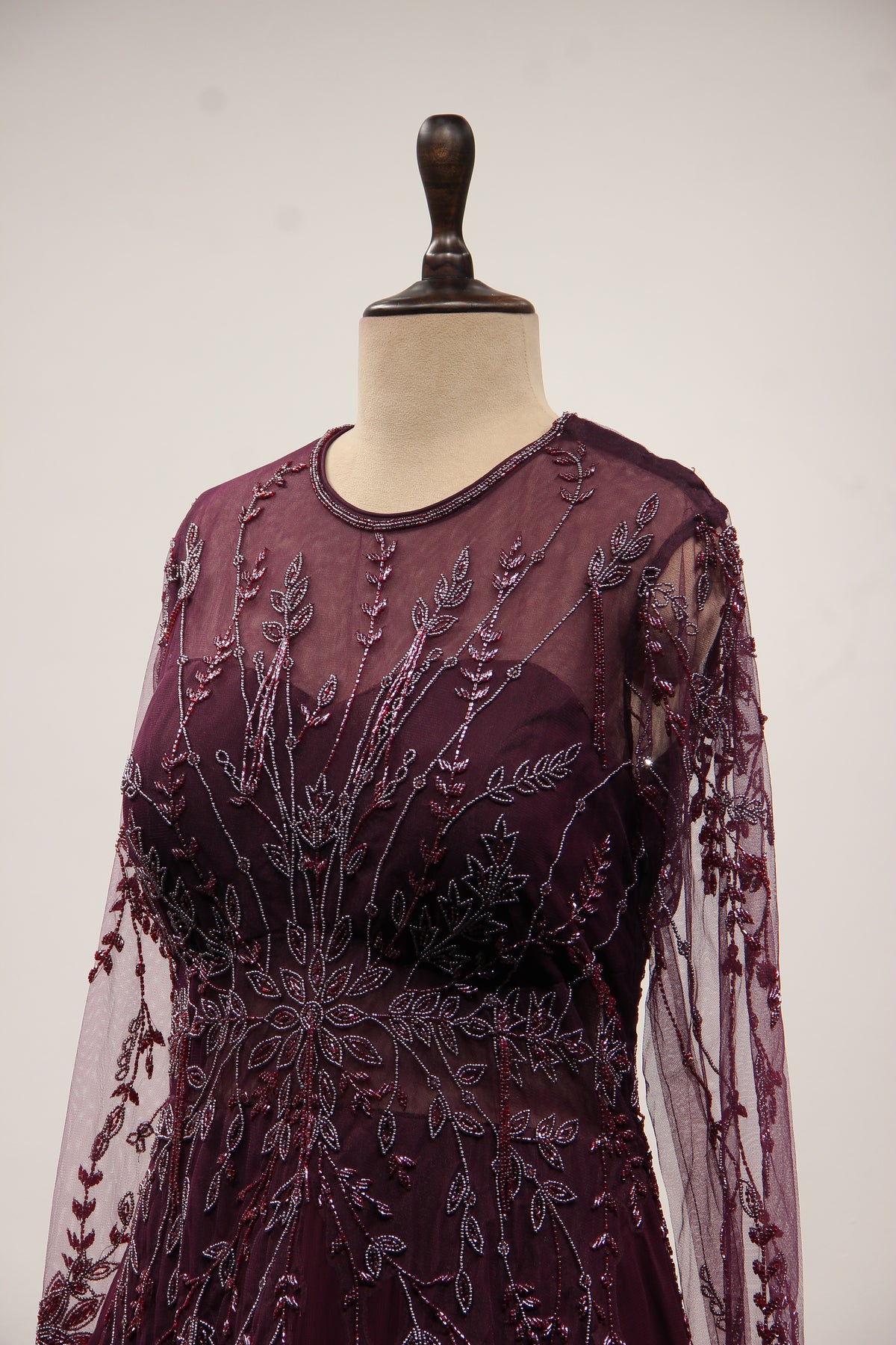 Wine Georgette Floor Length Gown with Cut Dana & Bead Handwork – other side close-up