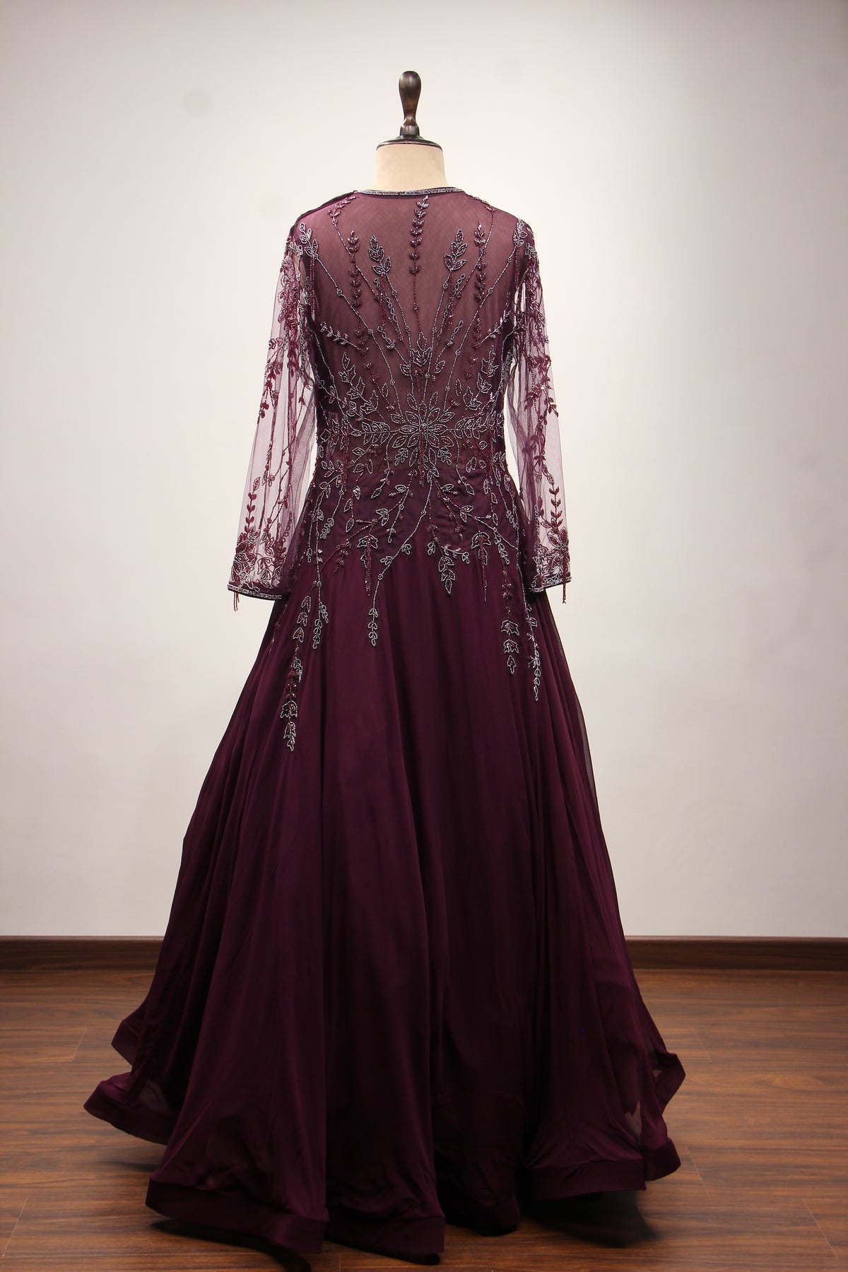 Wine Georgette Floor Length Gown with Cut Dana & Bead Handwork – back view