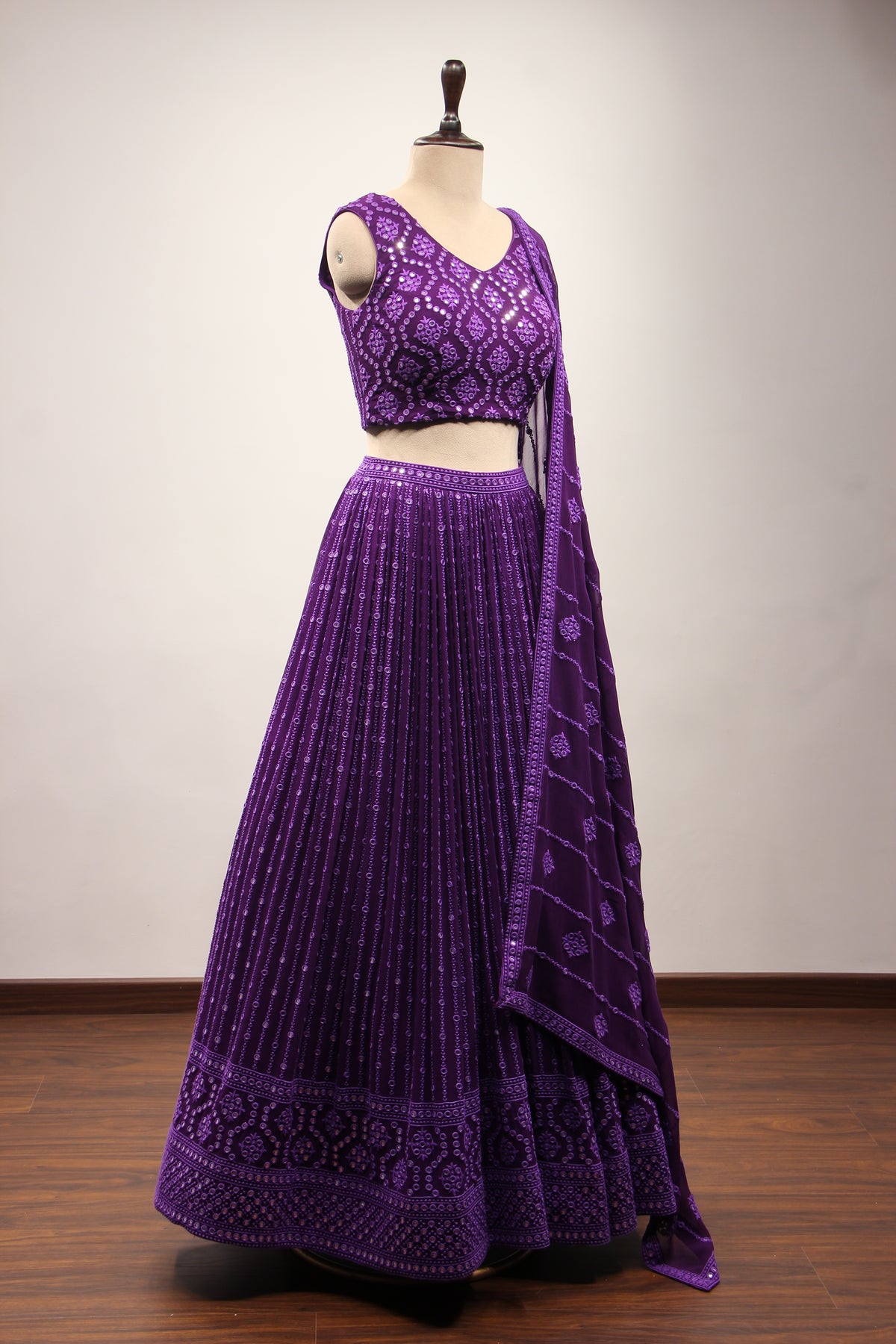 Purple Lucknavi Lehenga with Mirror & Resham Handwork Crop Top