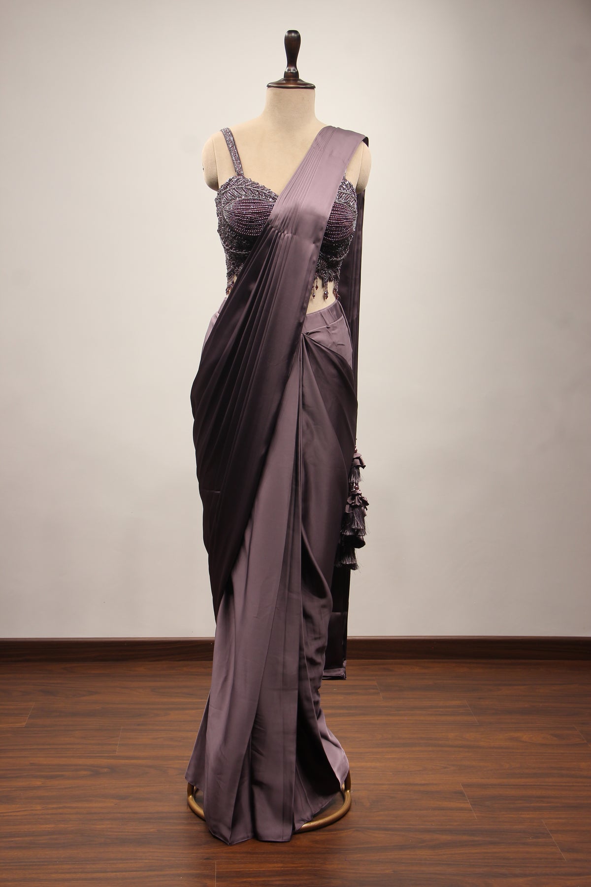 Purple Satin Drape Saree with Bead & Cut Dana Handwork