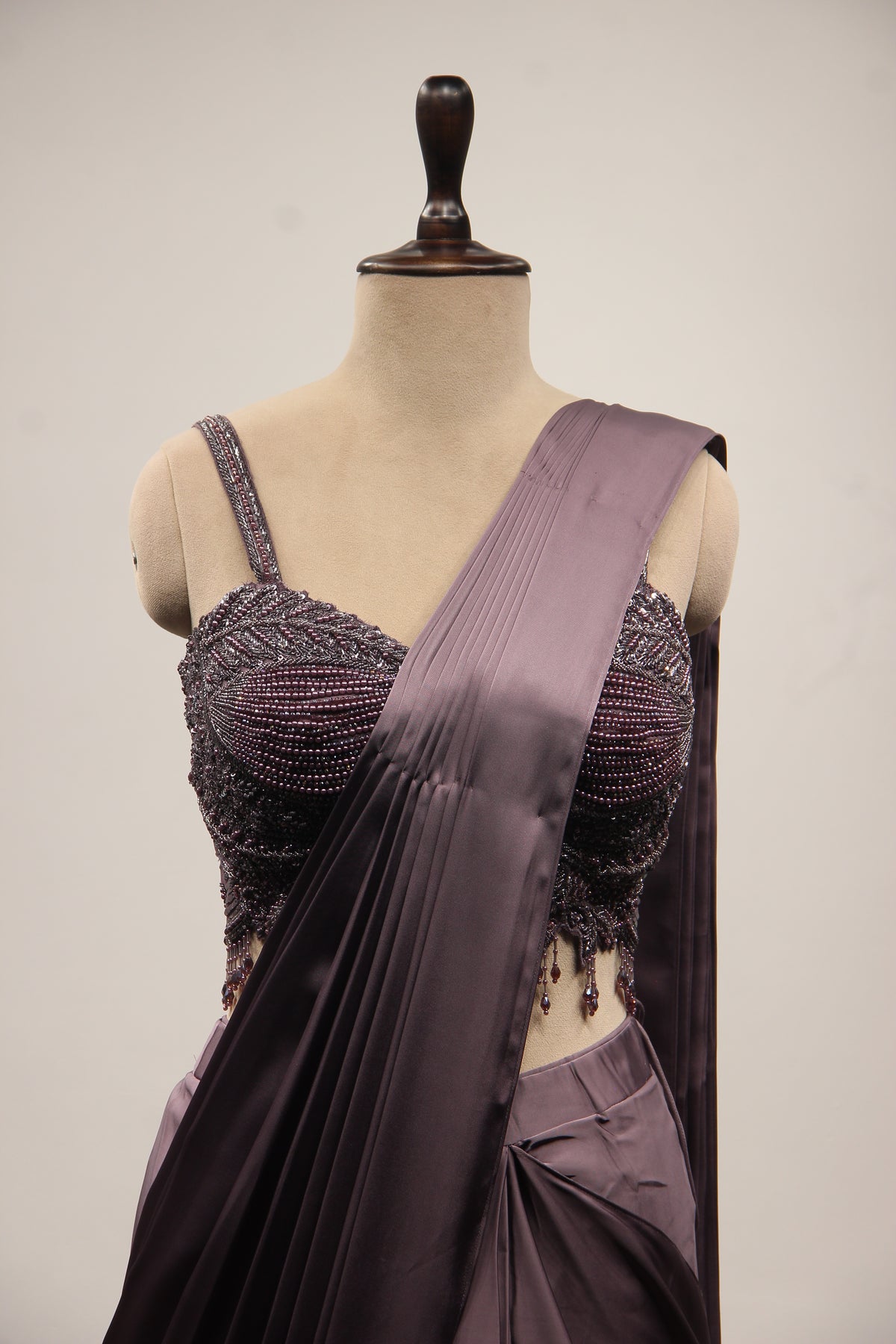 Purple Satin Drape Saree with Bead & Cut Dana Handwork