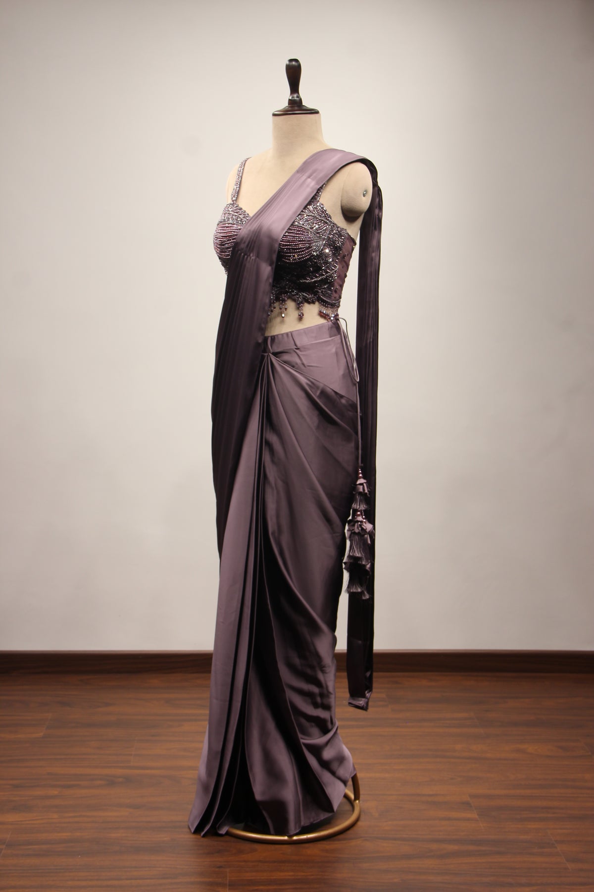 Purple Satin Drape Saree with Bead & Cut Dana Handwork