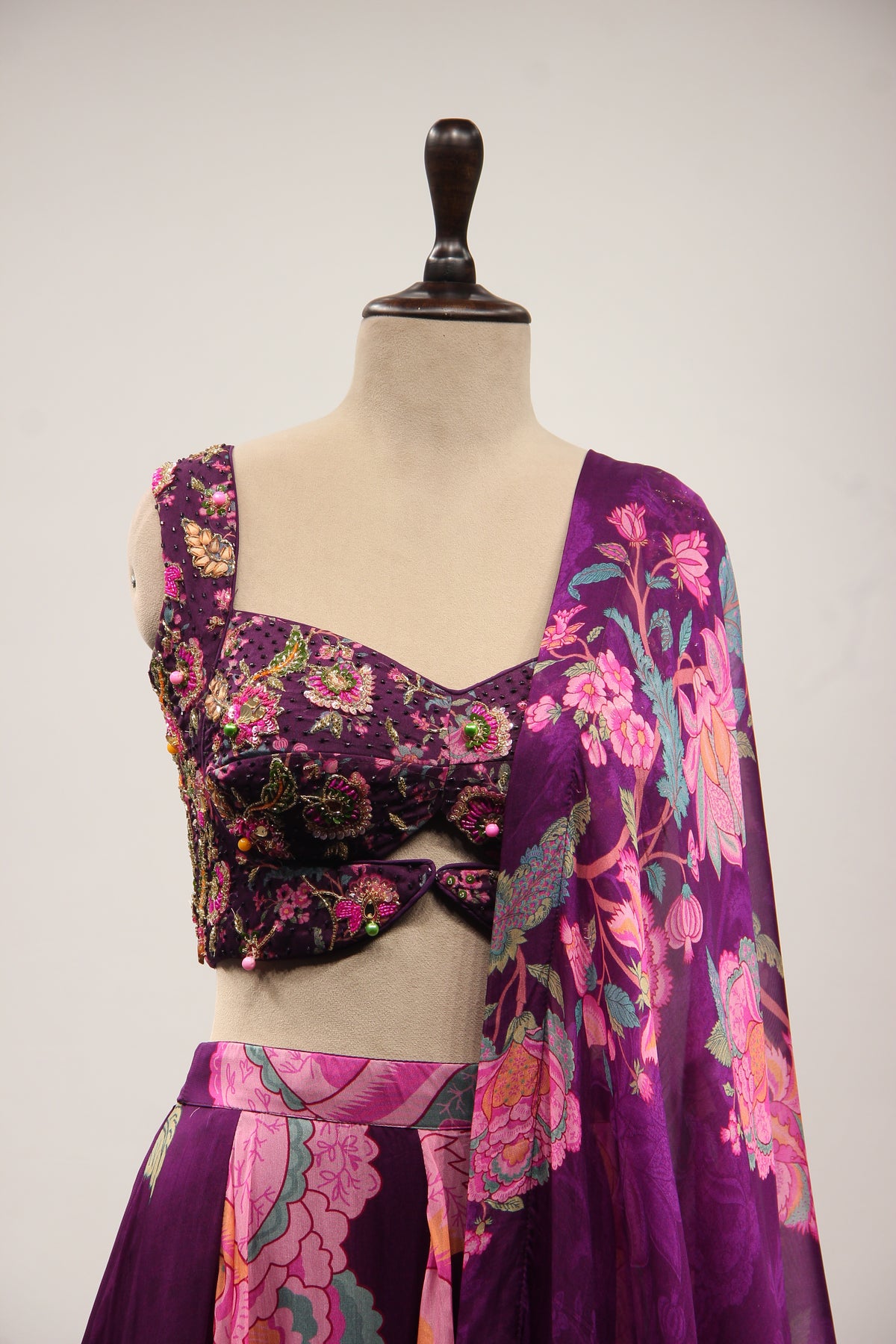 Purple Orgenza Lehenga with Printed & Cut Dana Handwork Crop Top