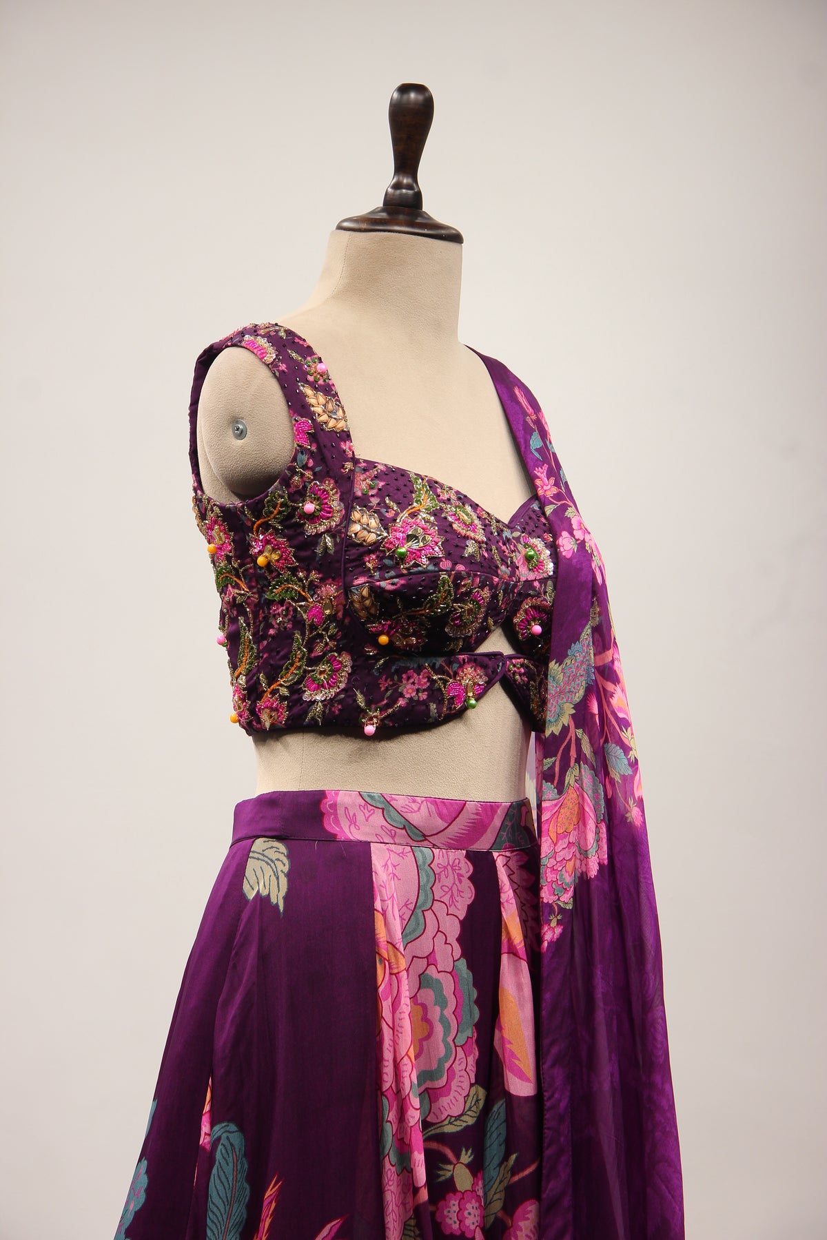 Purple Orgenza Lehenga with Printed & Cut Dana Handwork Crop Top