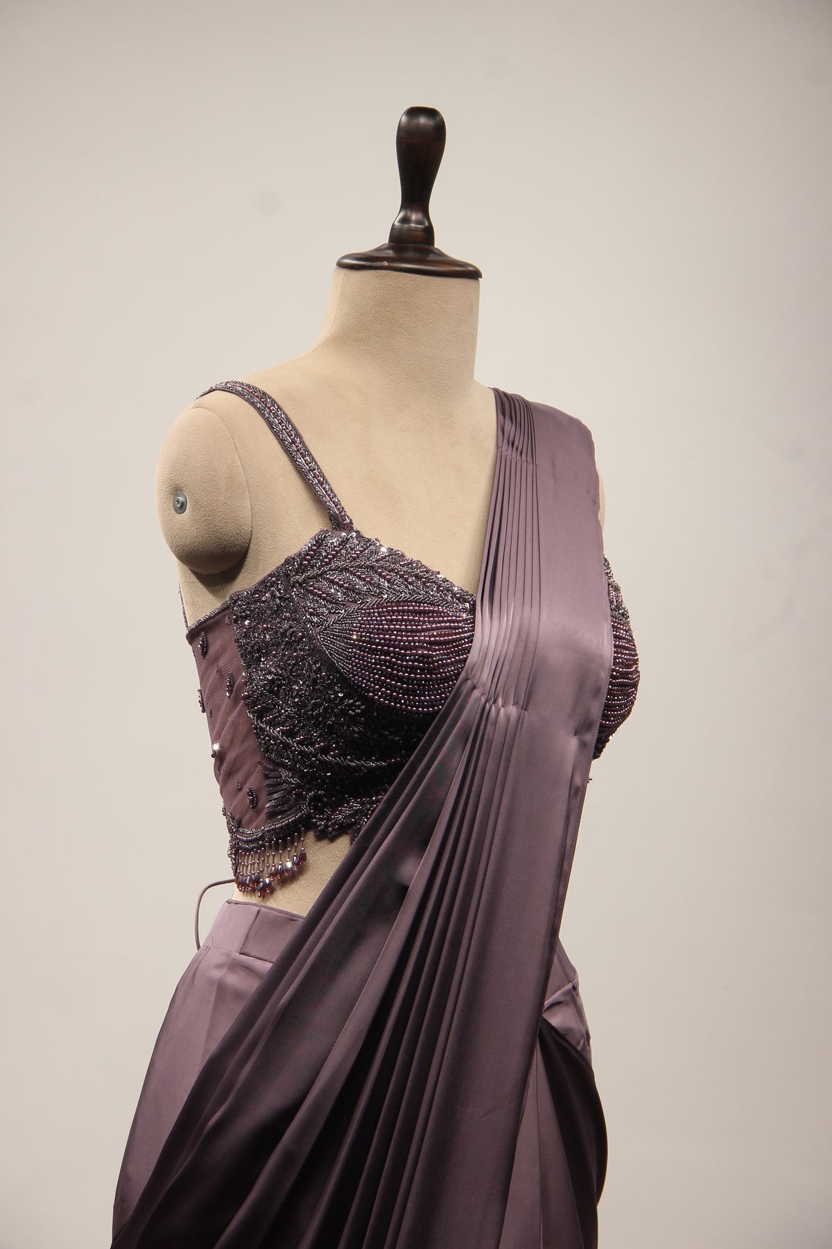 Purple Satin Drape Saree with Bead & Cut Dana Handwork