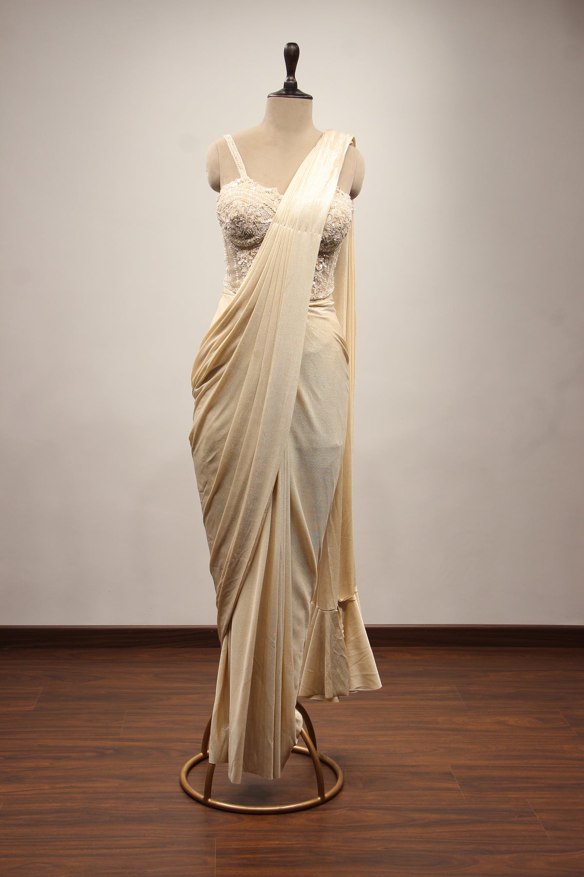 Ivory Imported Drape Saree with Hand Embroidery & Bead Handwork