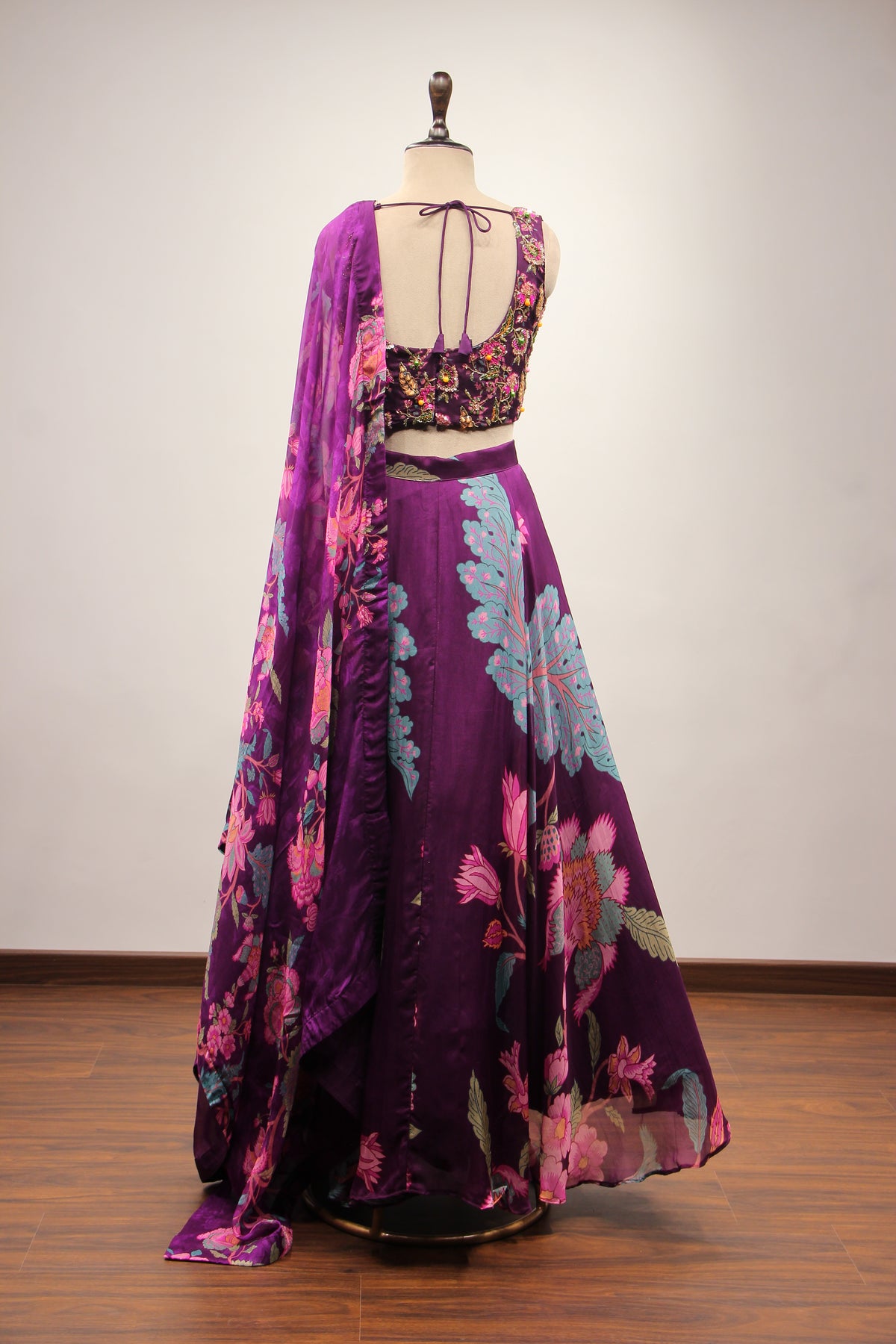 Purple Orgenza Lehenga with Printed & Cut Dana Handwork Crop Top