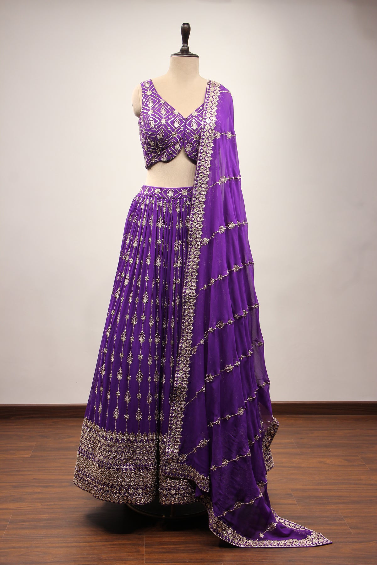 Purple Georgette Lehenga with Mirror & Sequin Handwork Crop Top