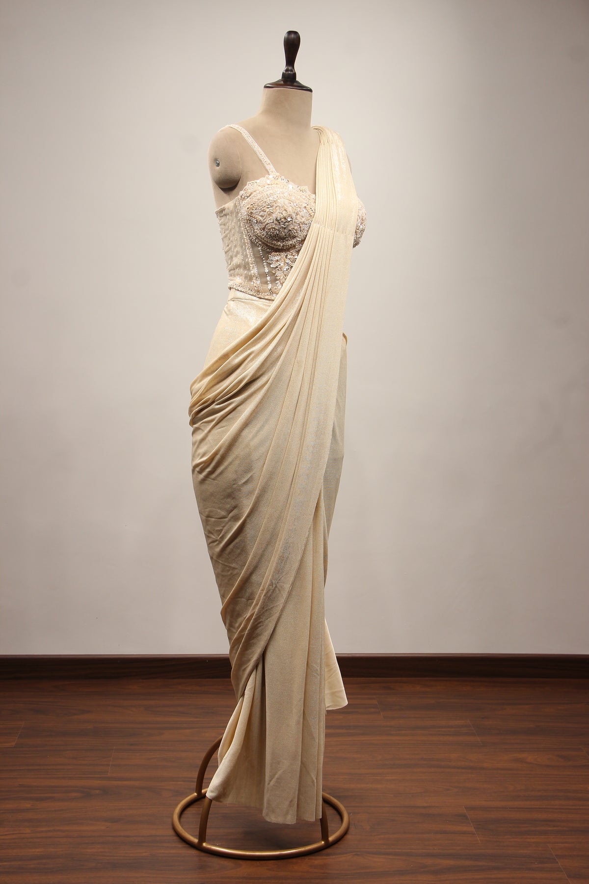 Ivory Imported Drape Saree with Hand Embroidery & Bead Handwork