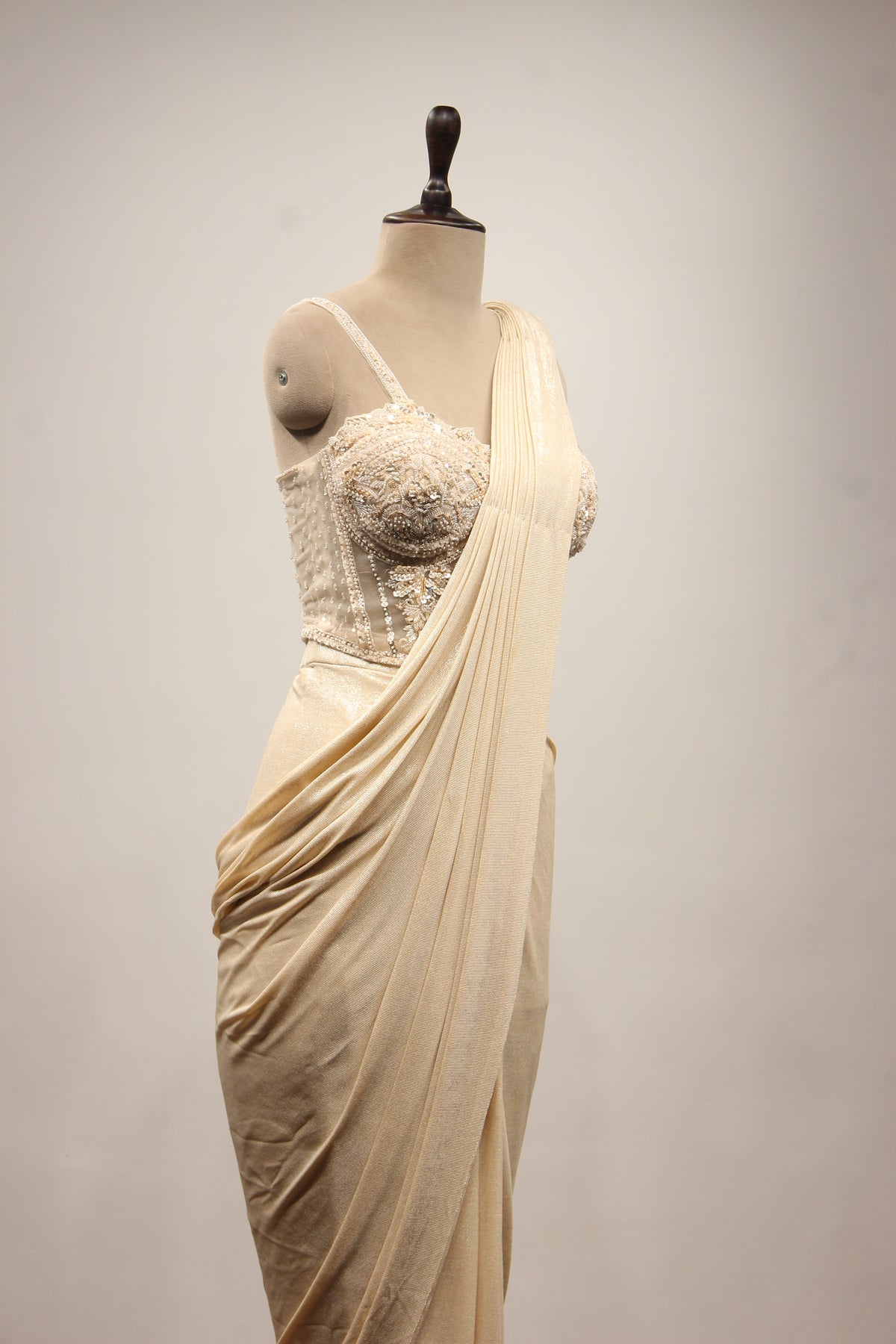 Ivory Imported Drape Saree with Hand Embroidery & Bead Handwork