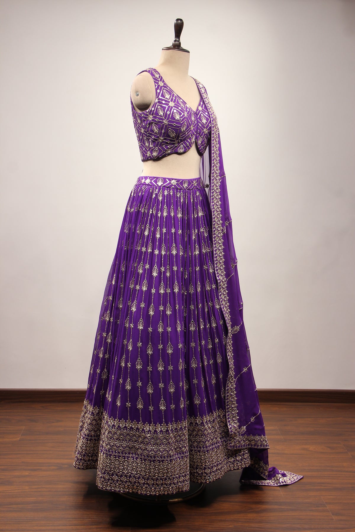 Purple Georgette Lehenga with Mirror & Sequin Handwork Crop Top