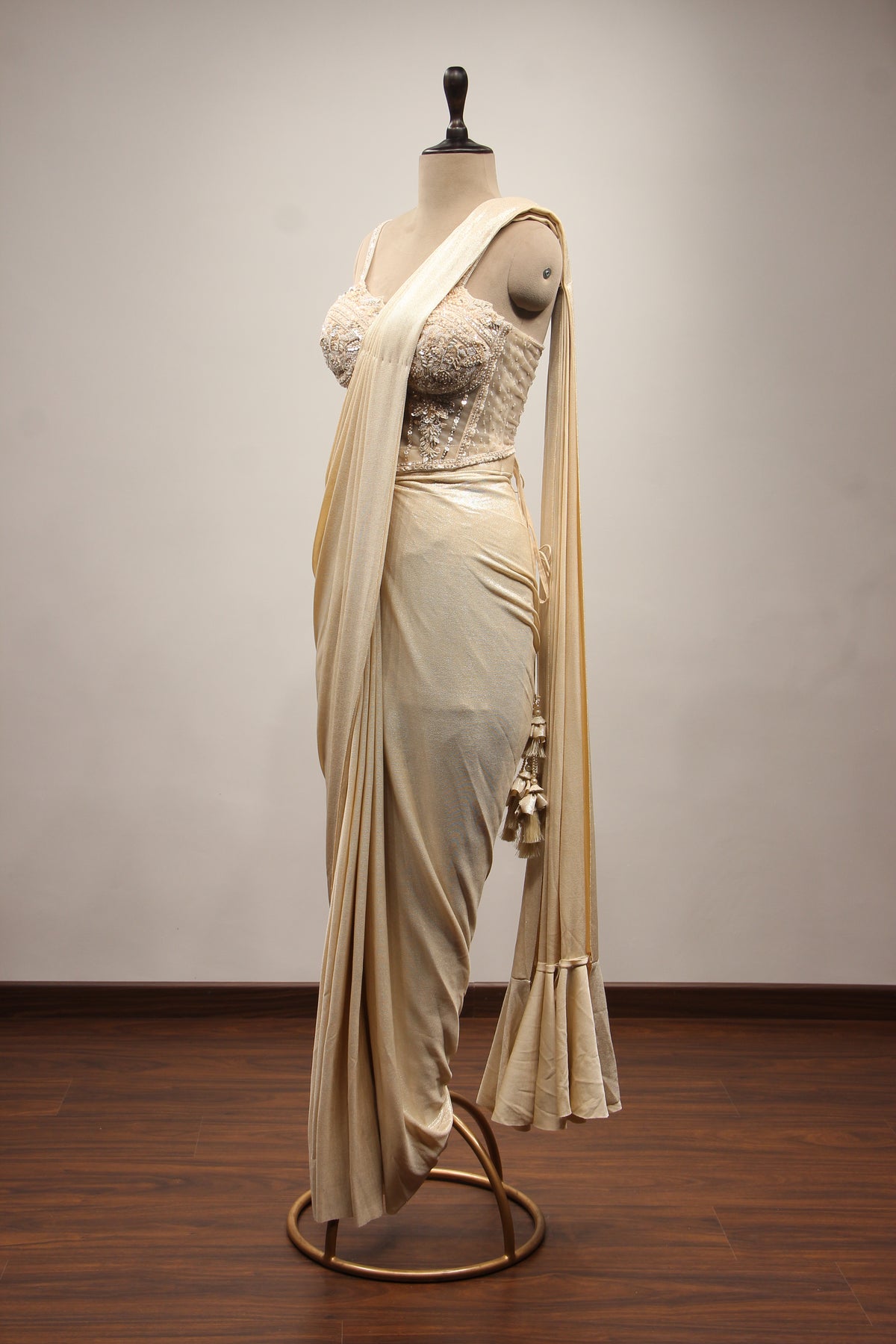 Ivory Imported Drape Saree with Hand Embroidery & Bead Handwork