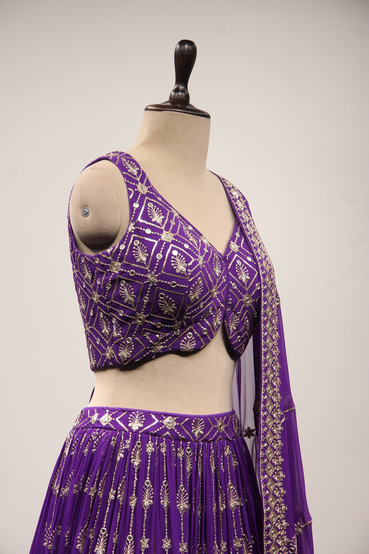 Purple Georgette Lehenga with Mirror & Sequin Handwork Crop Top