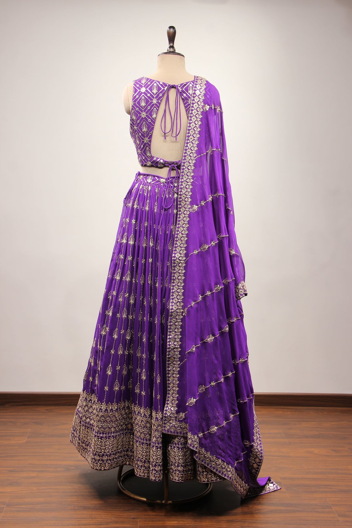 Purple Georgette Lehenga with Mirror & Sequin Handwork Crop Top