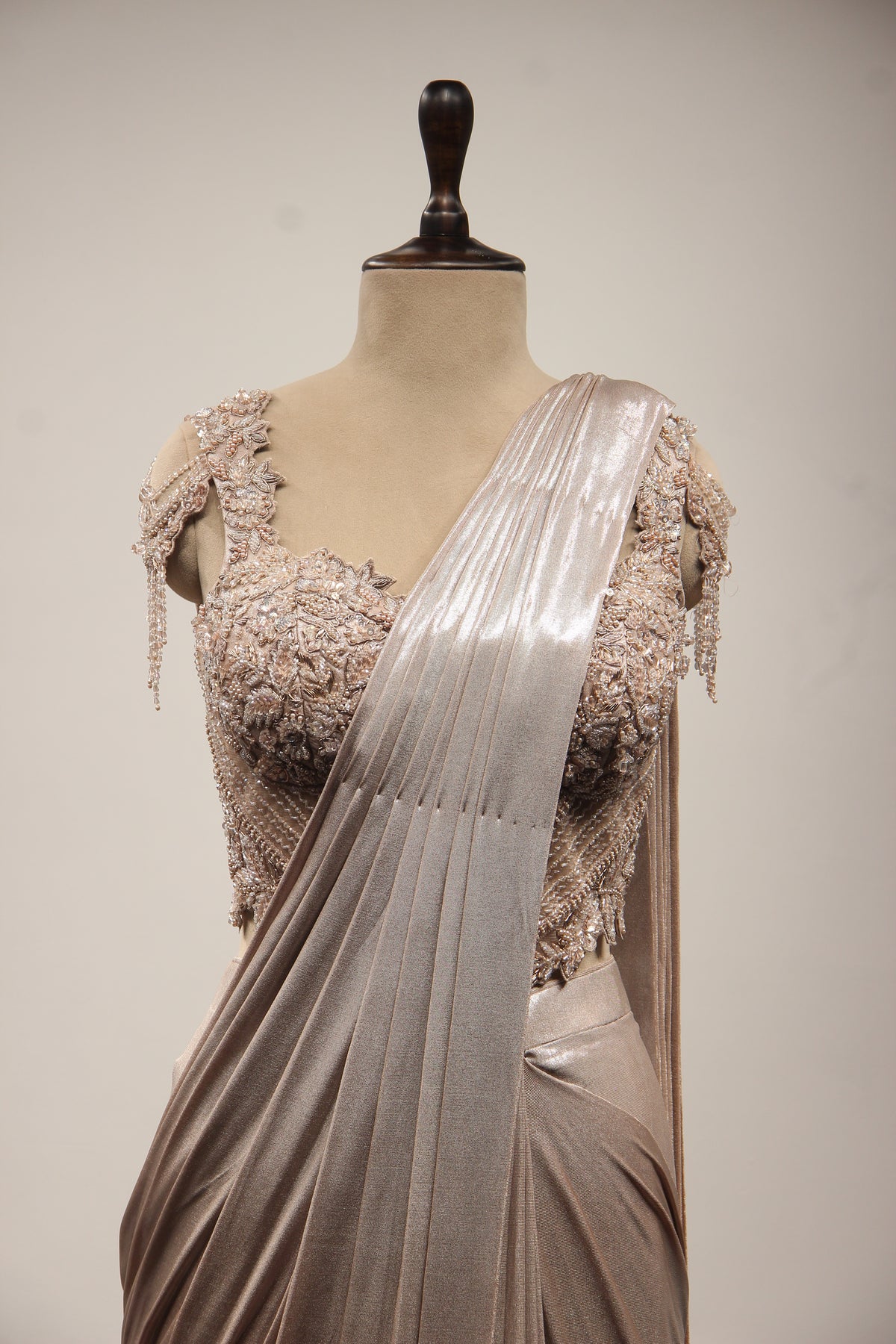 Imported Drape Saree with Sequin & Cut Dana Handwork, Corset Blouse in Brown – front close-up