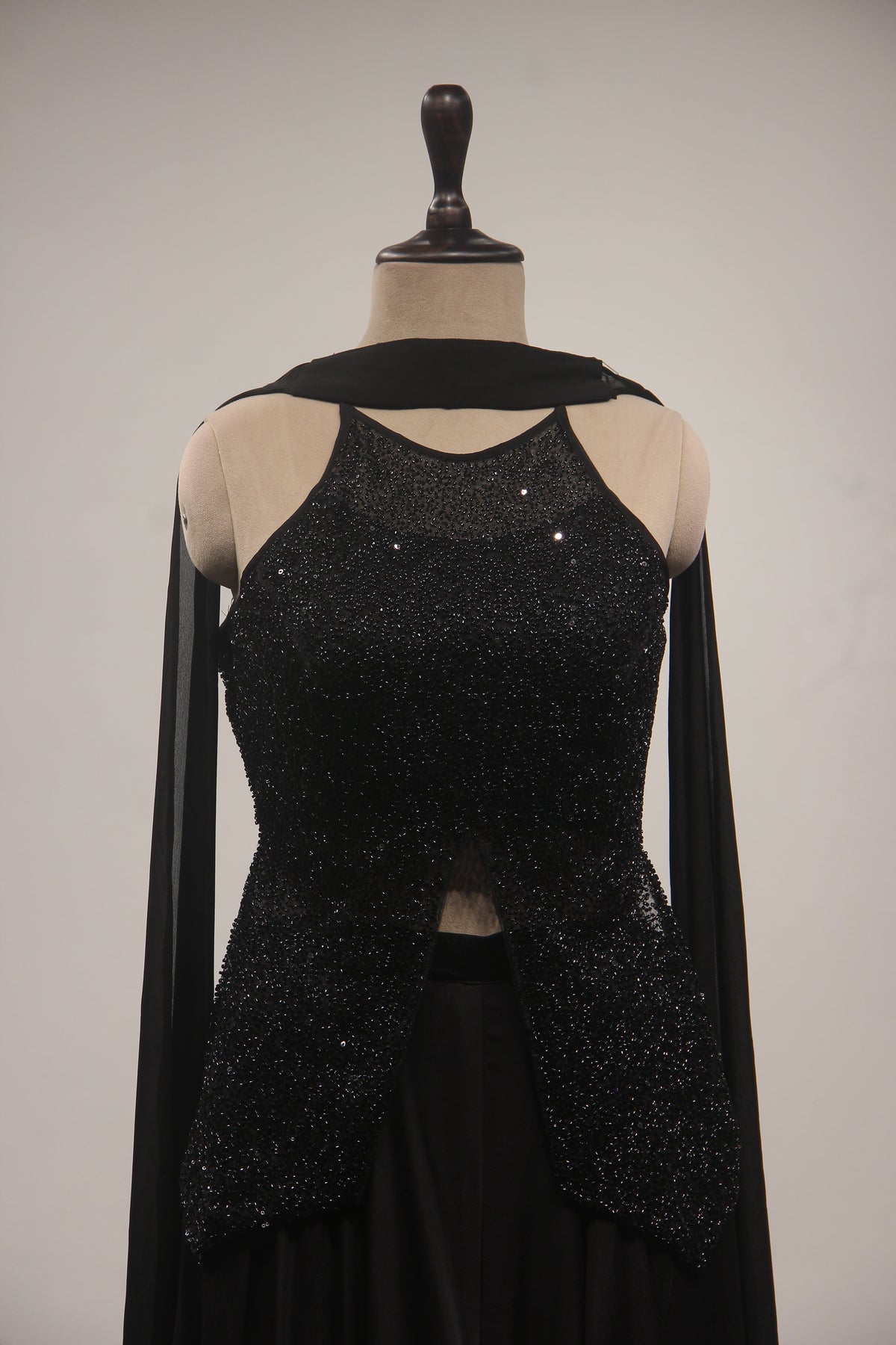 Midnight Noir Sequin Cut Dana Halter Neck Long Top with Crepe Palazzo & Choker Dupatta