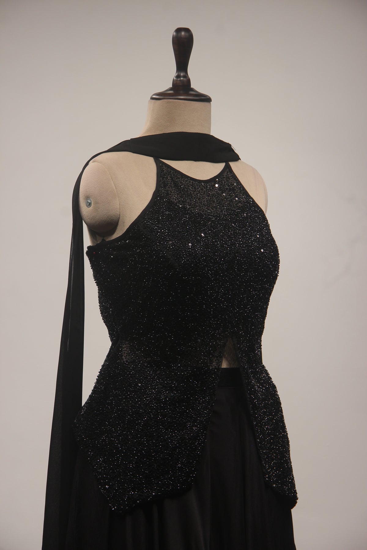 Midnight Noir Sequin Cut Dana Halter Neck Long Top with Crepe Palazzo & Choker Dupatta