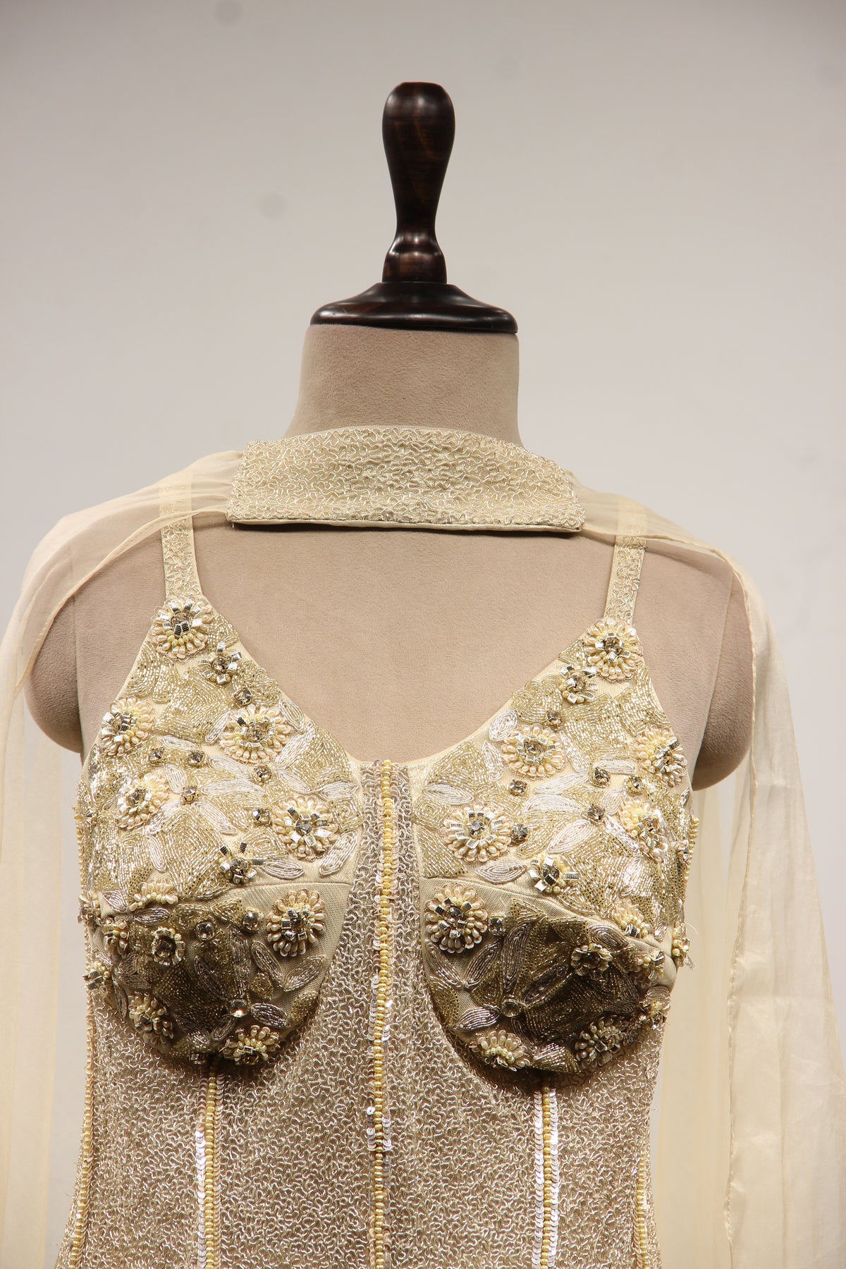 Gold Imported Net Corset Indo Western, Cut Dana & Gota Patti Handwork – front close-up