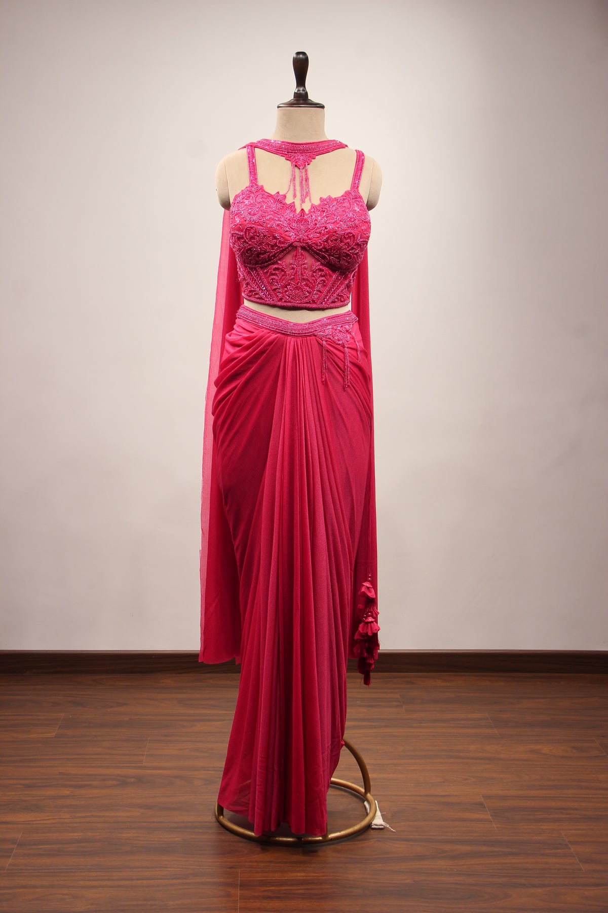Imported Indo Western Choker Dupatta Set with Bead & Sequin Handwork in Pink – front view