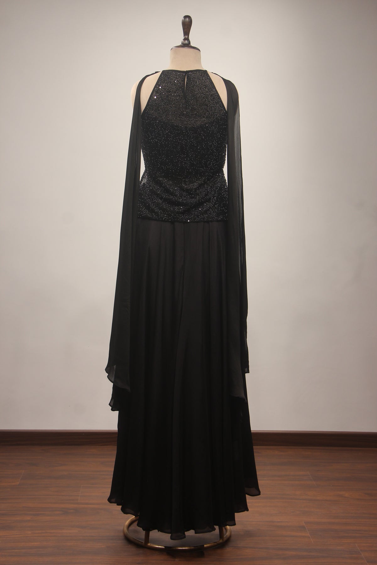 Midnight Noir Sequin Cut Dana Halter Neck Long Top with Crepe Palazzo & Choker Dupatta
