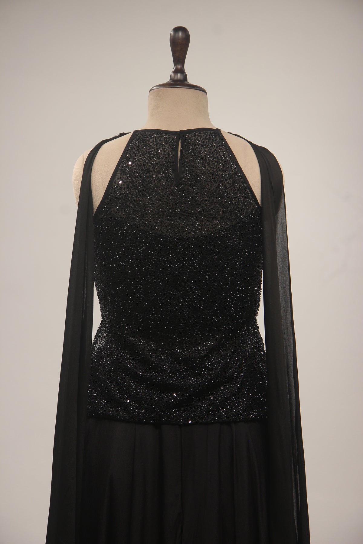Midnight Noir Sequin Cut Dana Halter Neck Long Top with Crepe Palazzo & Choker Dupatta