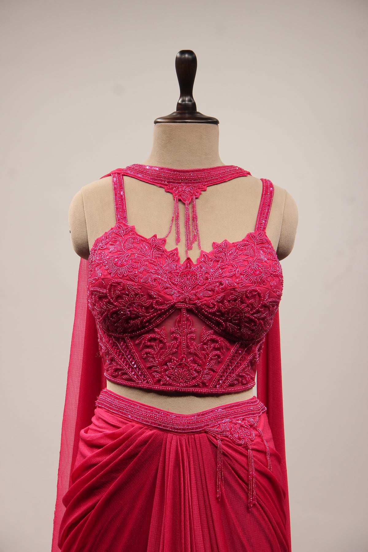 Imported Indo Western Choker Dupatta Set with Bead & Sequin Handwork in Pink – front close-up