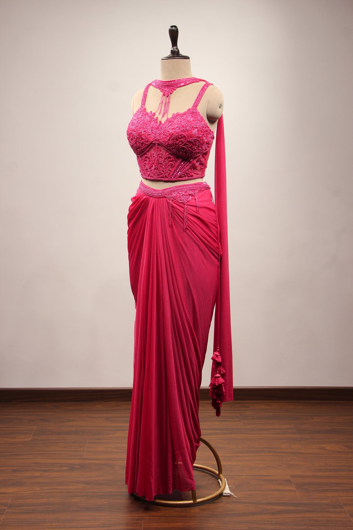 Imported Indo Western Choker Dupatta Set with Bead & Sequin Handwork in Pink – side view