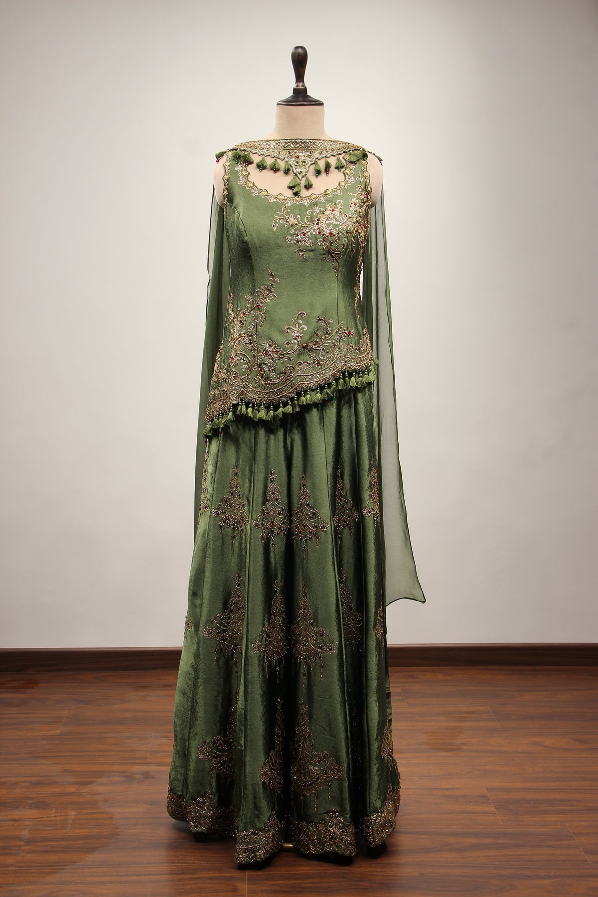 Green Satin Sharara Suit with Zari & Cut Dana Handwork Choker Dupatta – front view