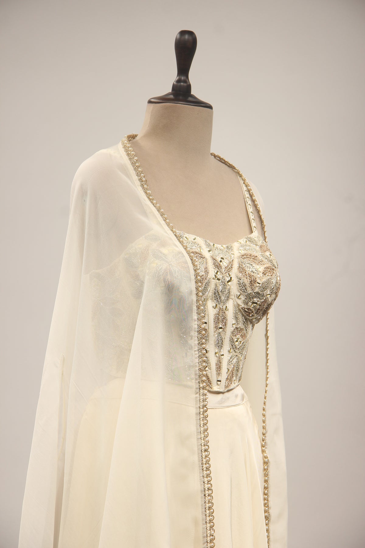 Mirror & Zardozi Embroidered Corset Blouse with Cowl Skirt and Sheer Shrug