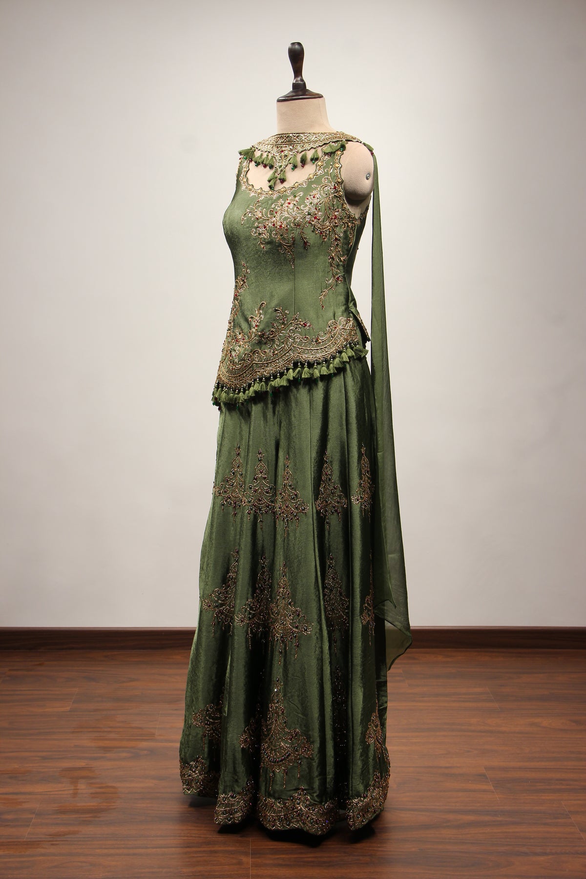Green Satin Sharara Suit with Zari & Cut Dana Handwork Choker Dupatta – side view