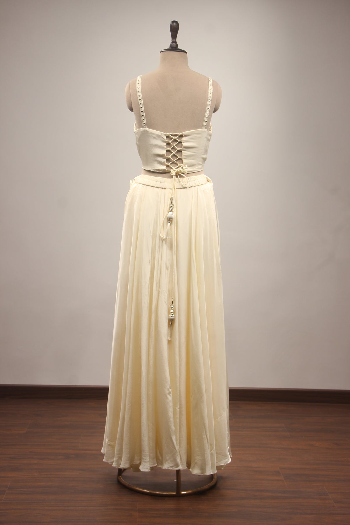Mirror & Zardozi Embroidered Corset Blouse with Cowl Skirt and Sheer Shrug